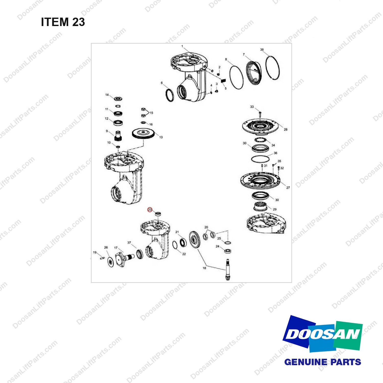 140107-00554 TRANSFER ASSY - full parts diagram, item 23 marked - genuine Doosan / Bobcat forklift part