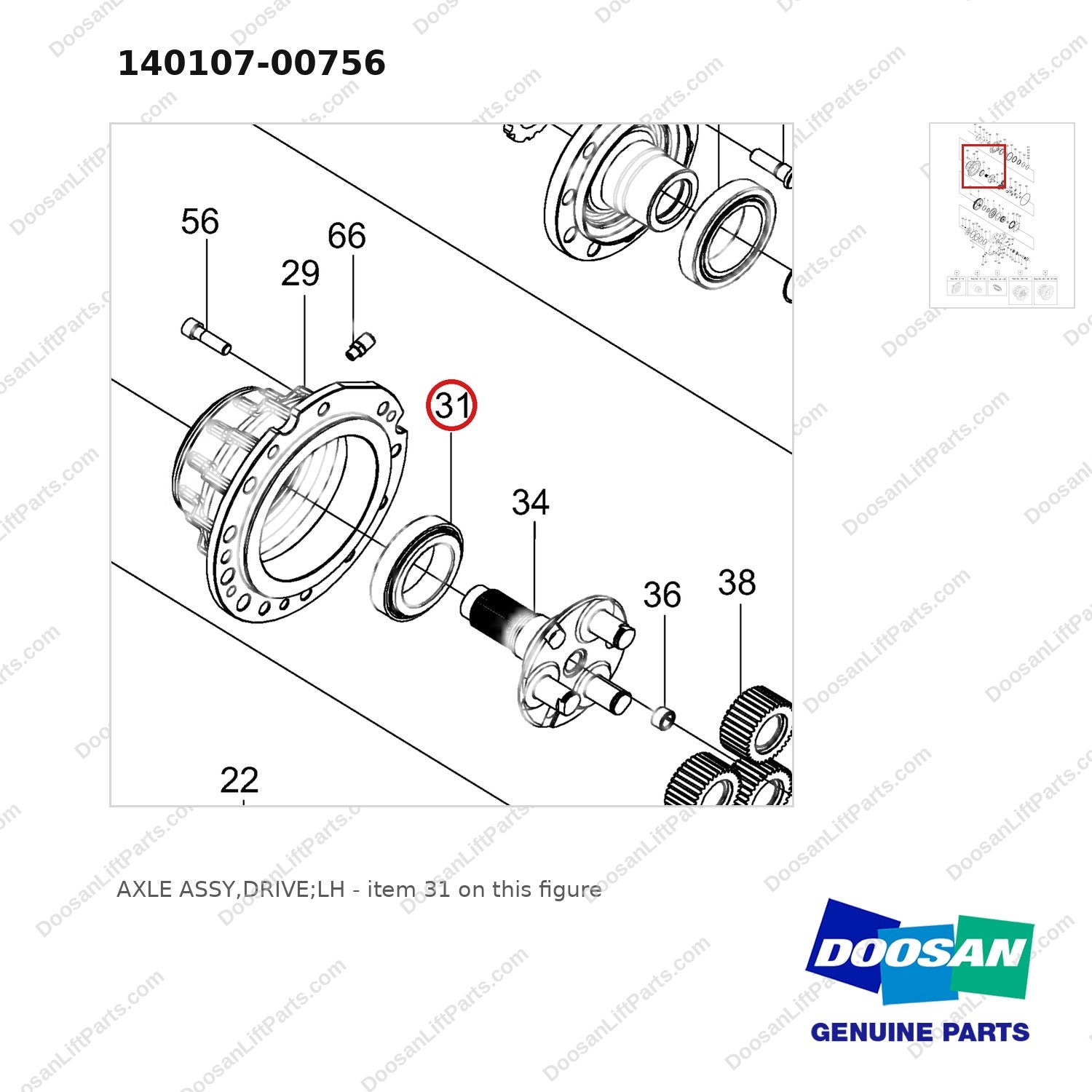 140107-00756 AXLE ASSY,DRIVE;LH - parts diagram, item 31 shown - genuine Doosan / Bobcat forklift part