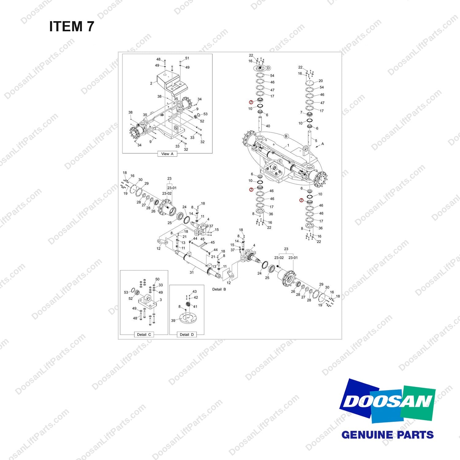 140107-00869 AXLE ASSY;STEER,DV180S-9 - full parts diagram, item 7 marked - genuine Doosan / Bobcat forklift part