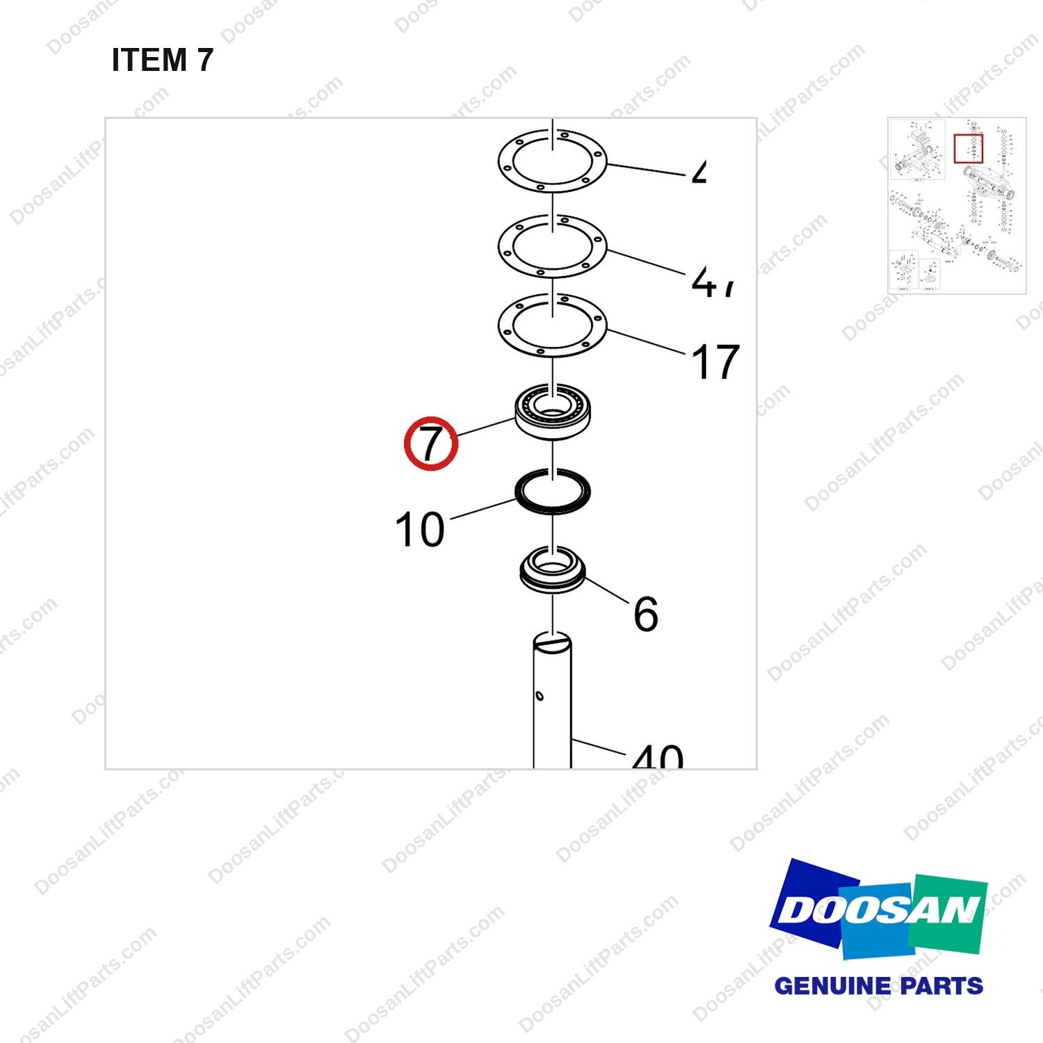 140107-00869 AXLE ASSY;STEER,DV180S-9 - parts diagram, item 7 shown - genuine Doosan / Bobcat forklift part
