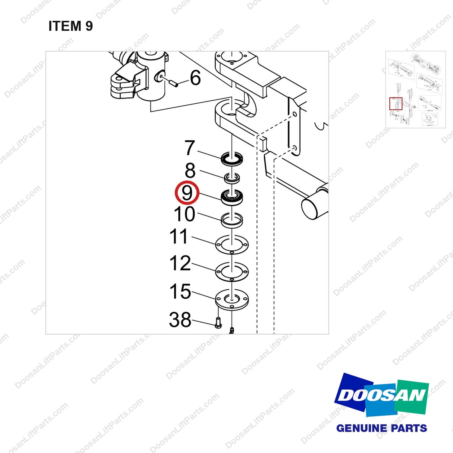 140107-00888 AXLE GROUP,STEER;STANDARD WHEEL,D70S-9 - parts diagram, item 9 shown - genuine Doosan / Bobcat forklift part