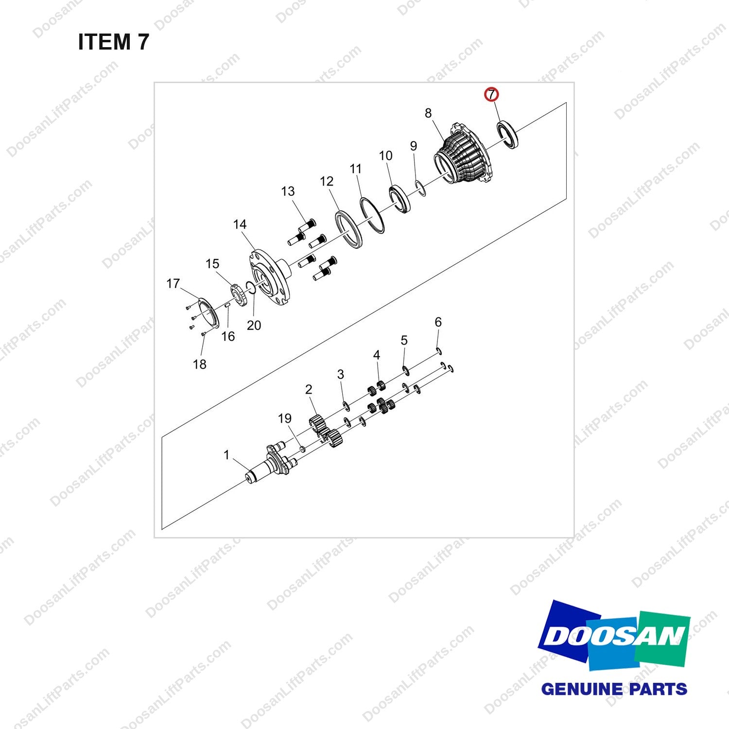 140107-00987 HUB ASSY - full parts diagram, item 7 marked - genuine Doosan / Bobcat forklift part
