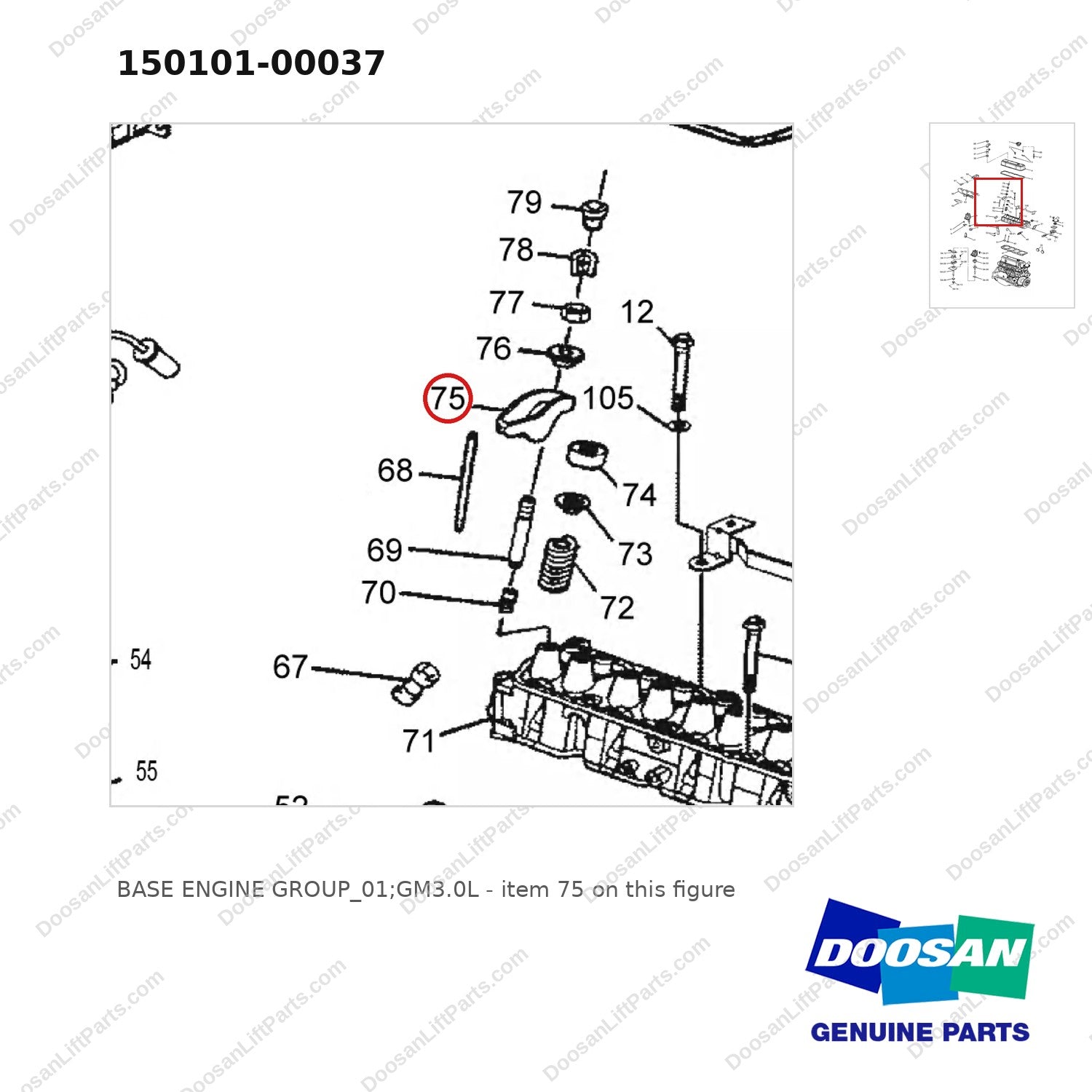 150101-00037 BASE ENGINE GROUP_01;GM3.0L - parts diagram, item 75 shown - genuine Doosan / Bobcat forklift part