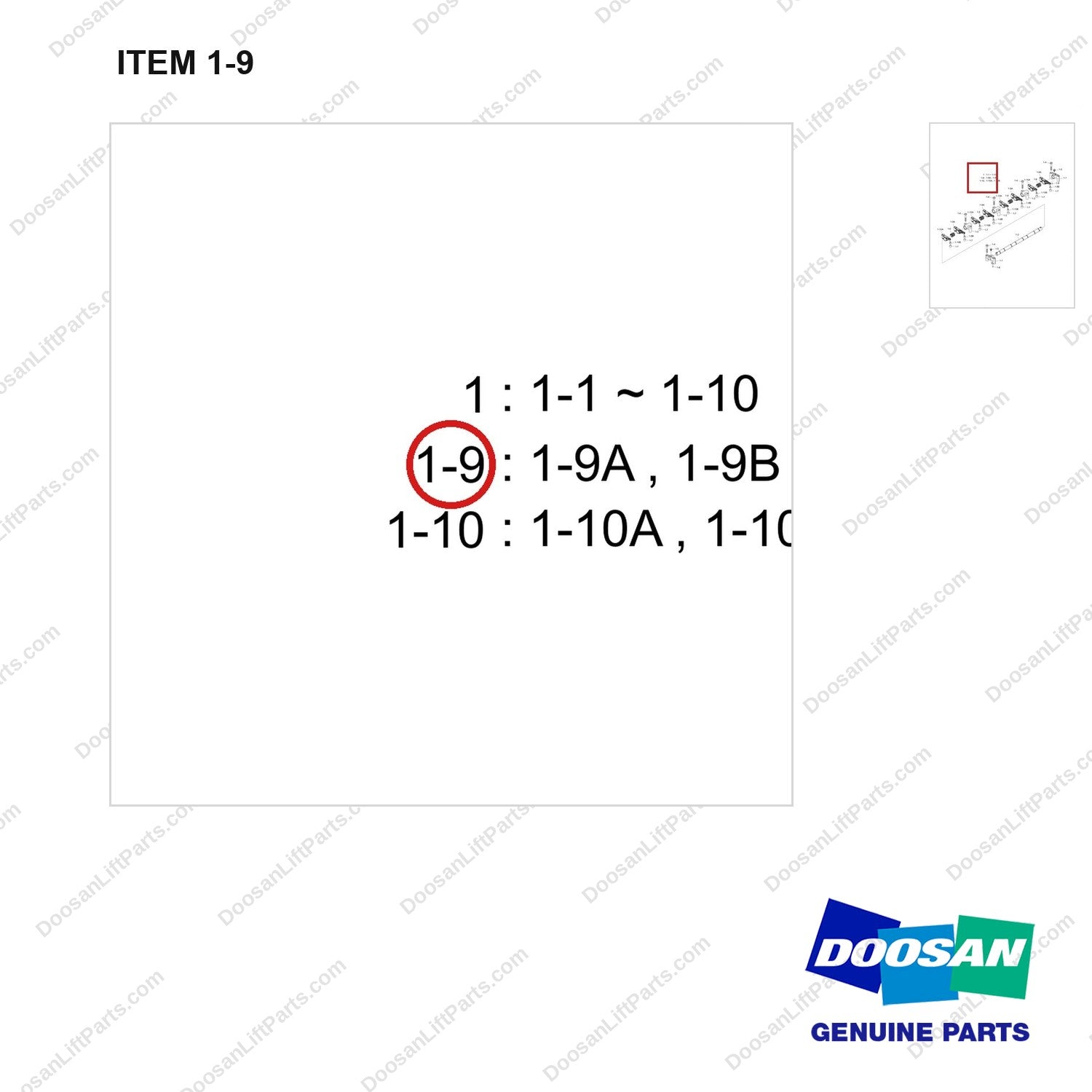 150101-00262 ROCKER ARM - parts diagram, item 1-9 shown - genuine Doosan / Bobcat forklift part