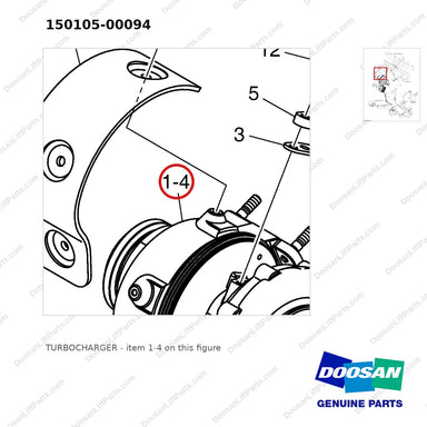 150105-00094 TURBOCHARGER - parts diagram, item 1-4 shown - genuine Doosan / Bobcat forklift part