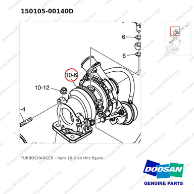 150105-00140D TURBOCHARGER - parts diagram, item 10-6 shown - genuine Doosan / Bobcat forklift part