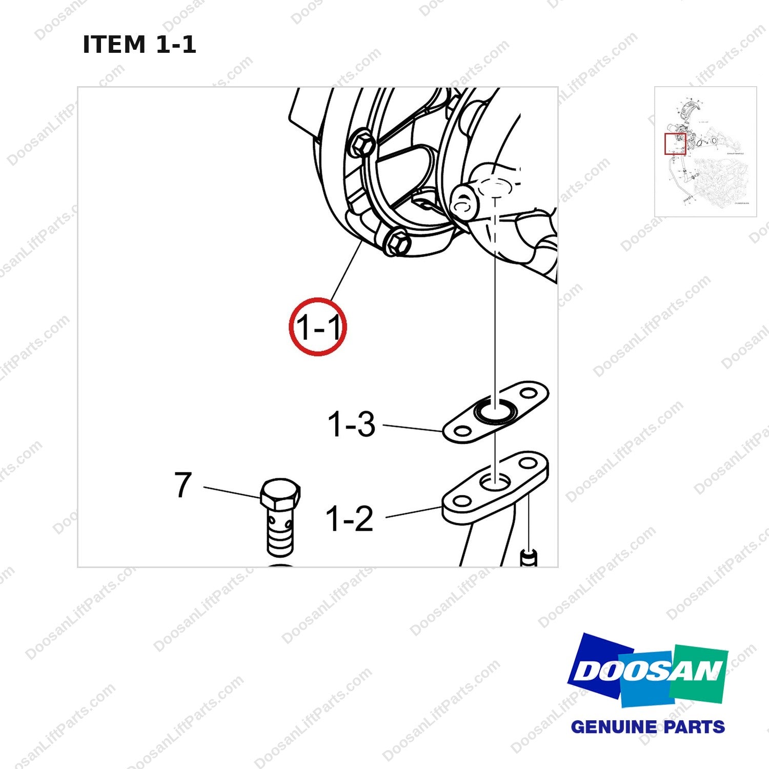 150105-00958C TURBOCHARGER - parts diagram, item 1-1 shown - genuine Doosan / Bobcat forklift part