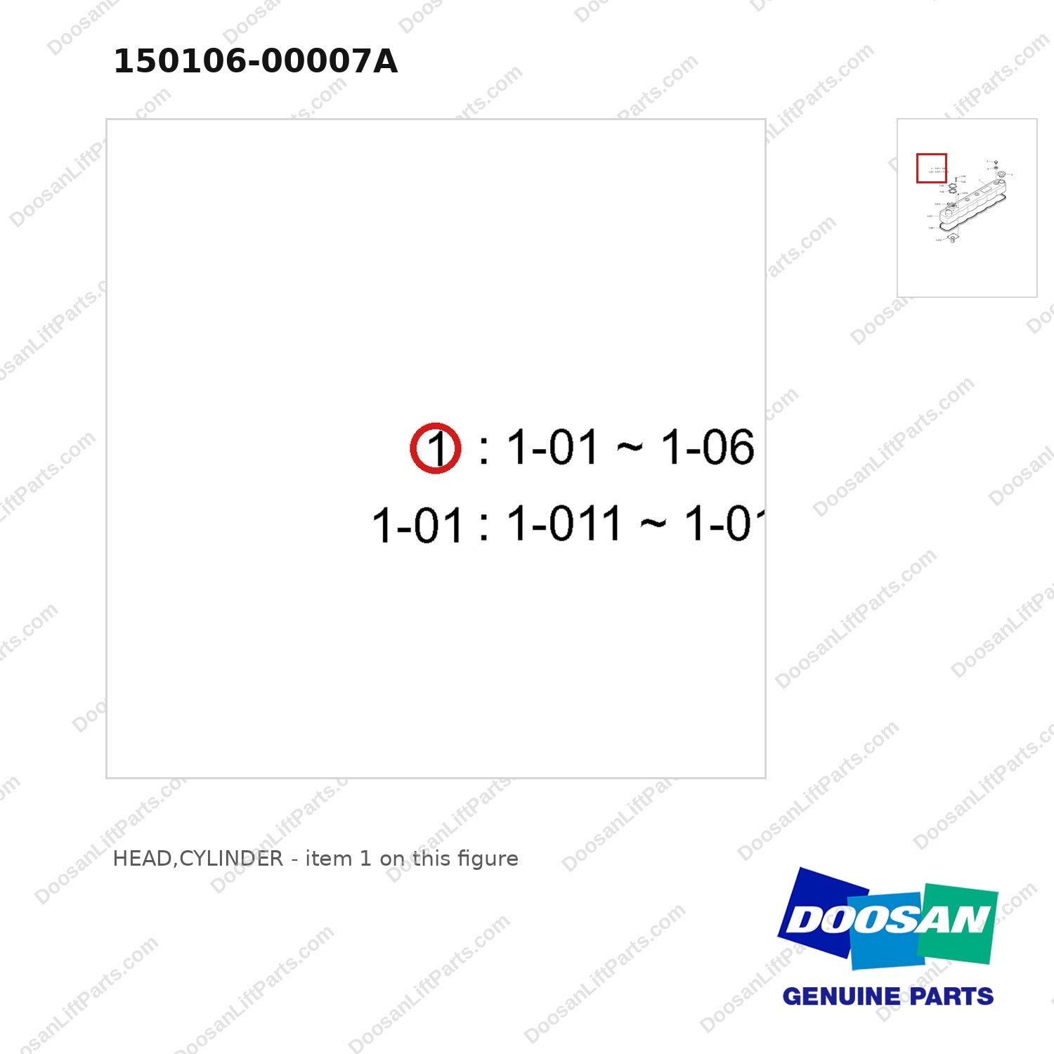 150106-00007A HEAD,CYLINDER - parts diagram, item 1 shown - genuine Doosan / Bobcat forklift part