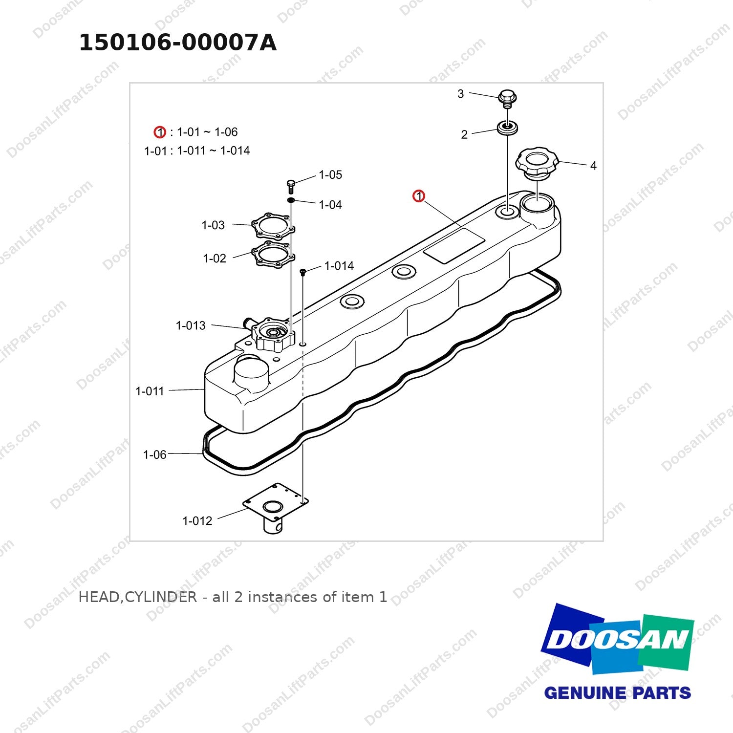 150106-00007A HEAD,CYLINDER - full parts diagram, item 1 marked - genuine Doosan / Bobcat forklift part