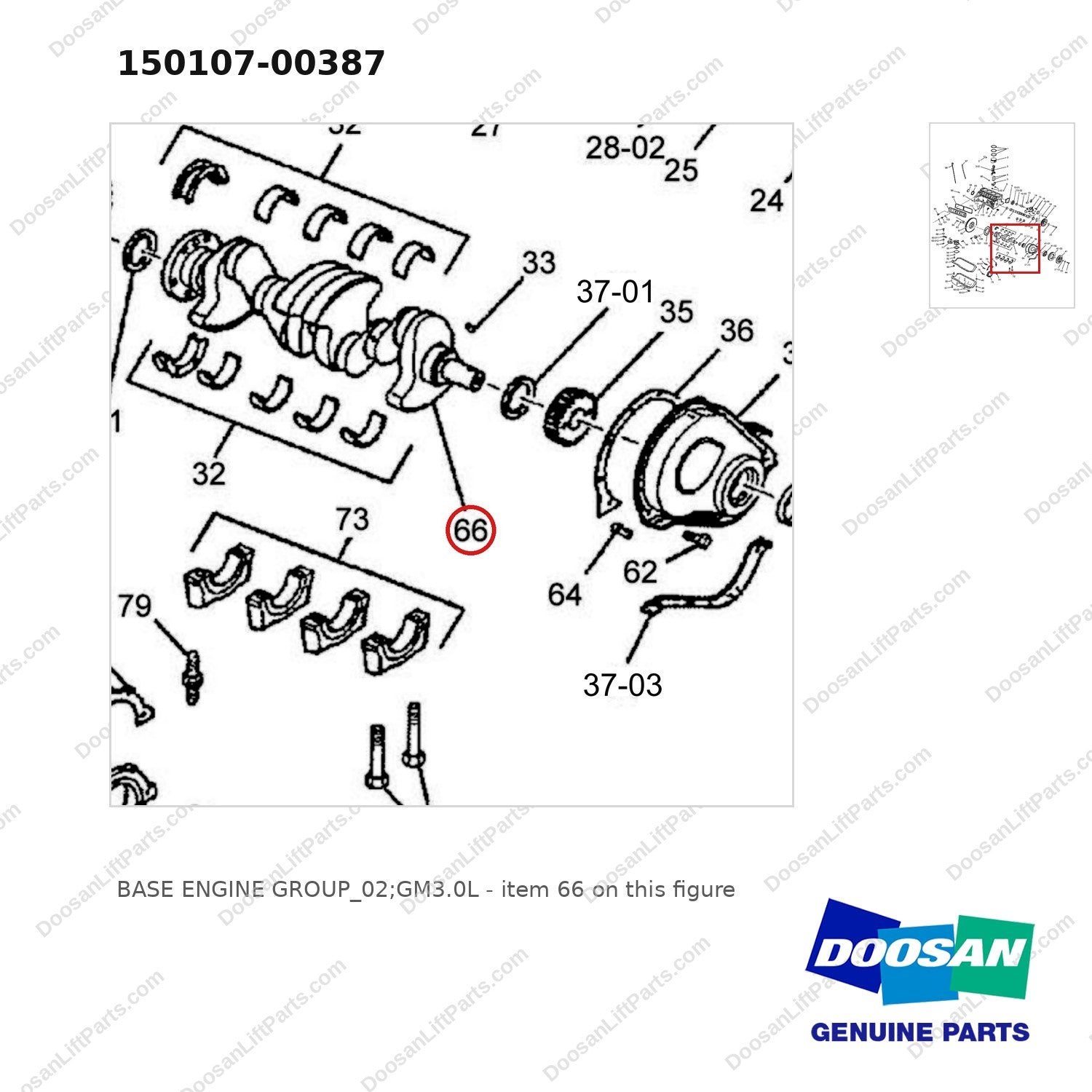 150107-00387 BASE ENGINE GROUP_02;GM3.0L - parts diagram, item 66 shown - genuine Doosan / Bobcat forklift part