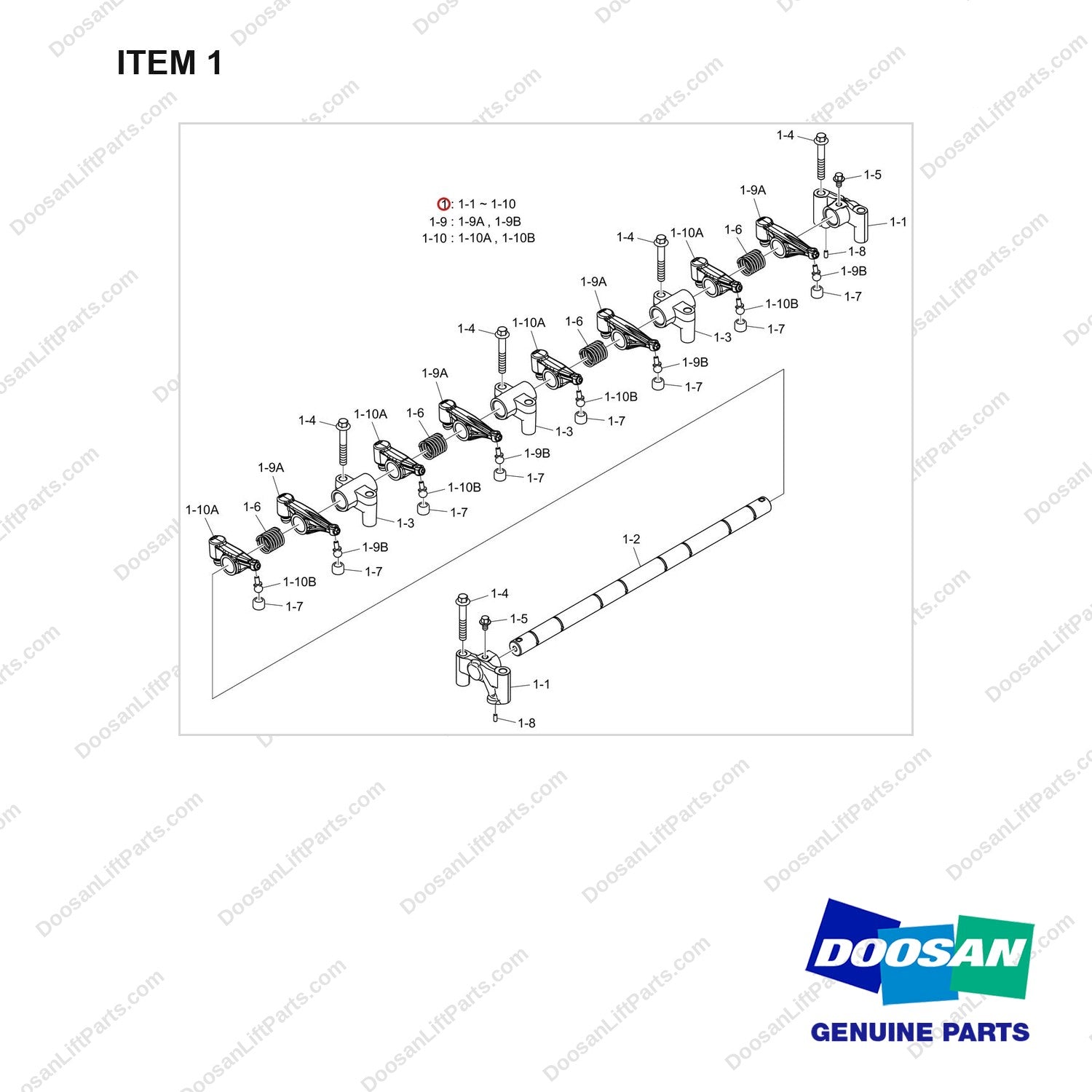 150122-00170F ROCKER ARM - full parts diagram, item 1 marked - genuine Doosan / Bobcat forklift part