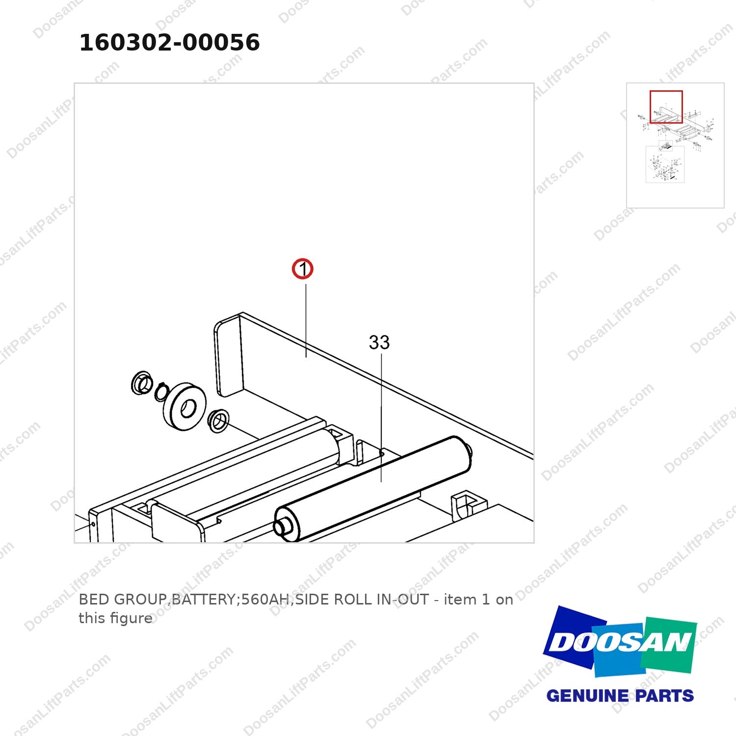 160302-00056 BED GROUP,BATTERY;560AH,SIDE ROLL IN-OUT - parts diagram, item 1 shown - genuine Doosan / Bobcat forklift part