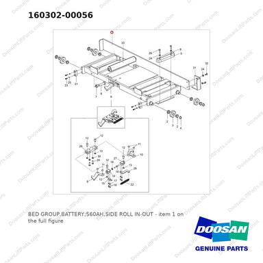 160302-00056 BED GROUP,BATTERY;560AH,SIDE ROLL IN-OUT - full parts diagram, item 1 marked - genuine Doosan / Bobcat forklift part