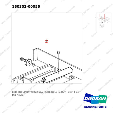 160302-00056 BED GROUP,BATTERY;560AH,SIDE ROLL IN-OUT - parts diagram, item 1 shown - genuine Doosan / Bobcat forklift part