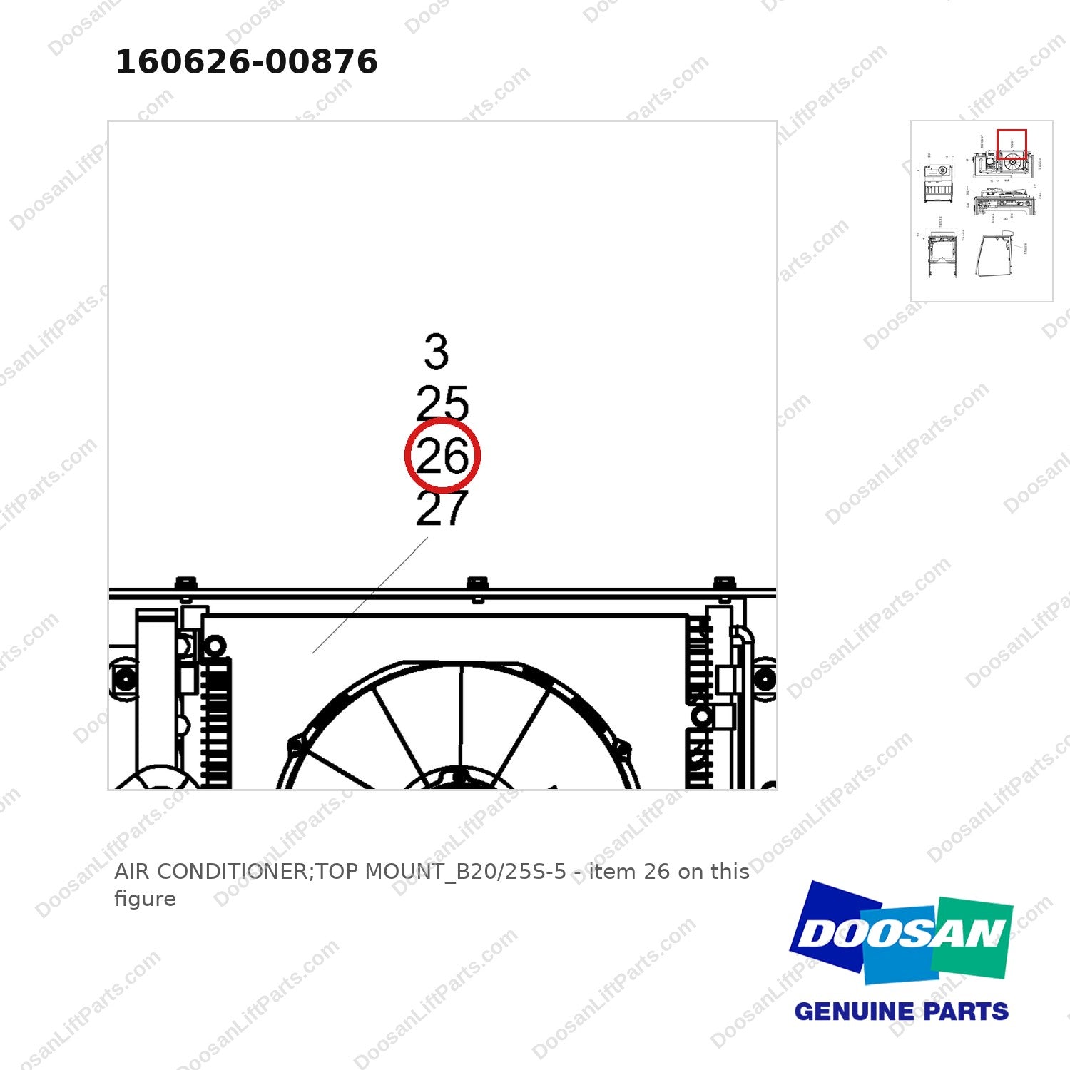 160626-00876 AIR CONDITIONER;TOP MOUNT_B20/25S-5 - parts diagram, item 26 shown - genuine Doosan / Bobcat forklift part