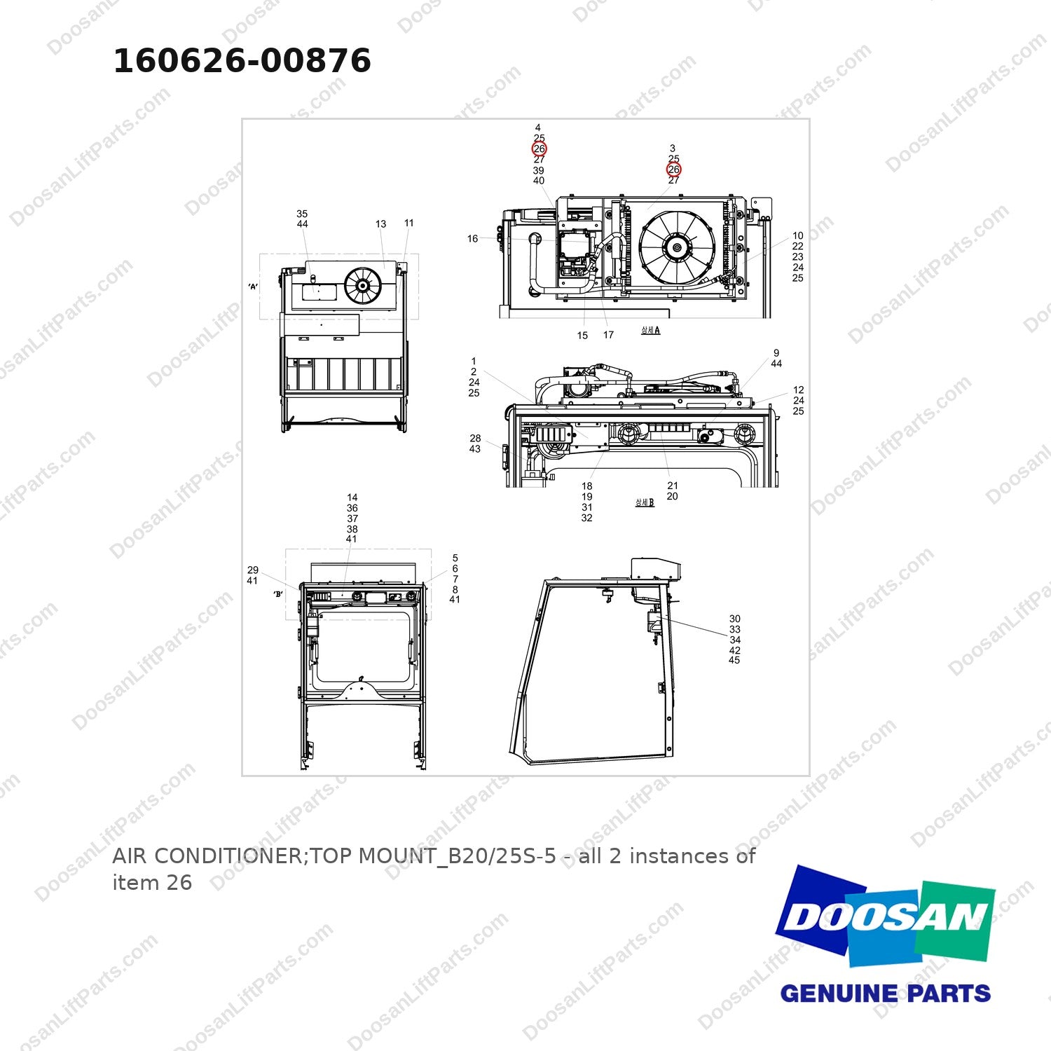 160626-00876 AIR CONDITIONER;TOP MOUNT_B20/25S-5 - full parts diagram, item 26 marked - genuine Doosan / Bobcat forklift part