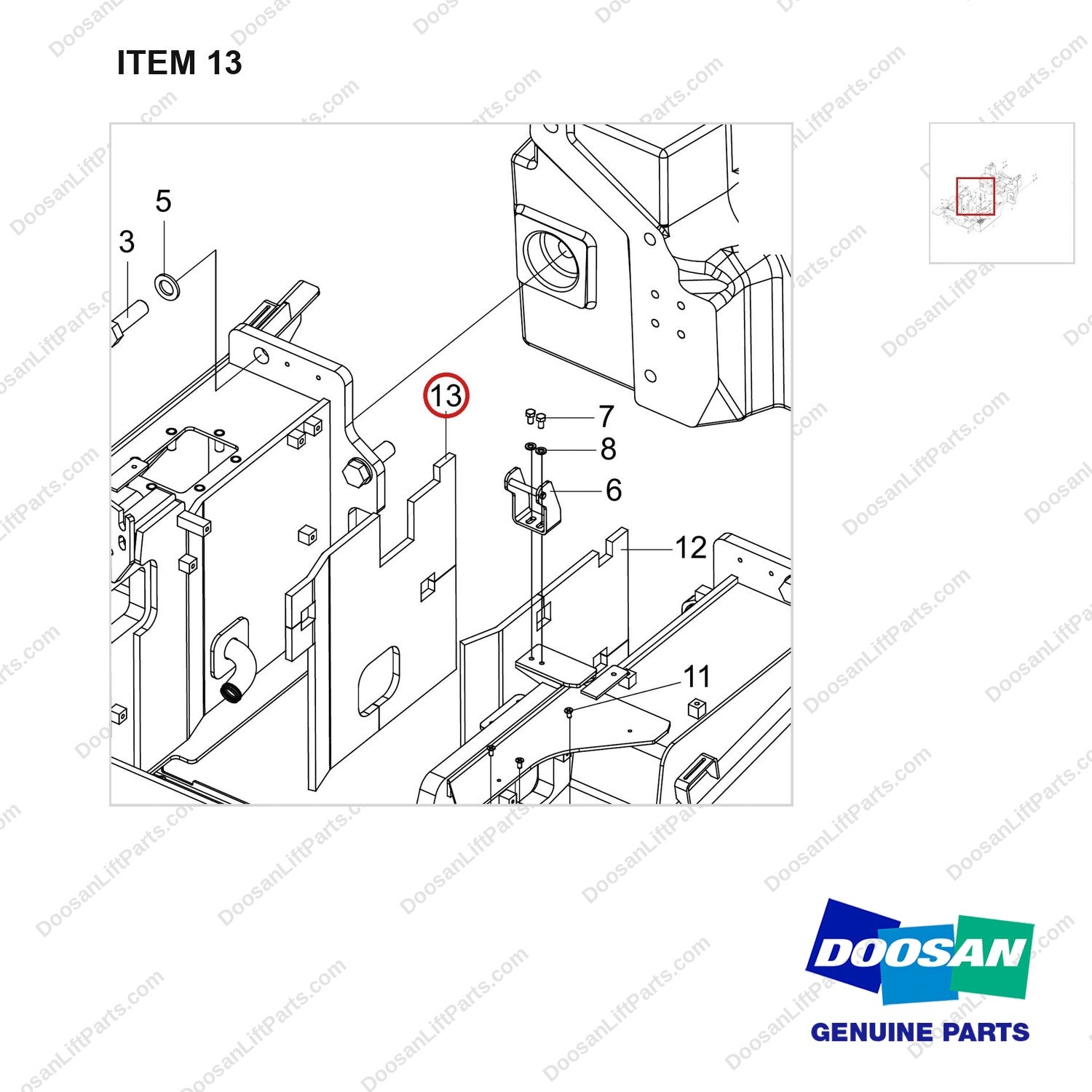 180101-00028 FRAME MODULE;GC35S - parts diagram, item 13 shown - genuine Doosan / Bobcat forklift part