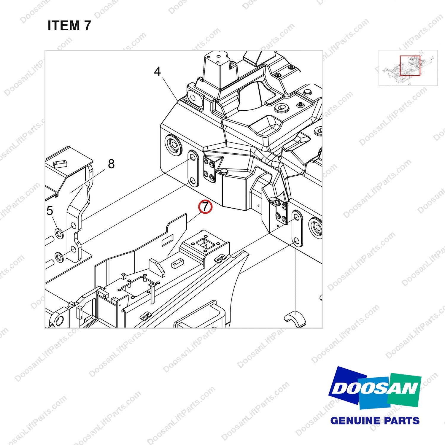 180101-00133 FRAME GROUP;LIFT EYE, D25S-9 - parts diagram, item 7 shown - genuine Doosan / Bobcat forklift part