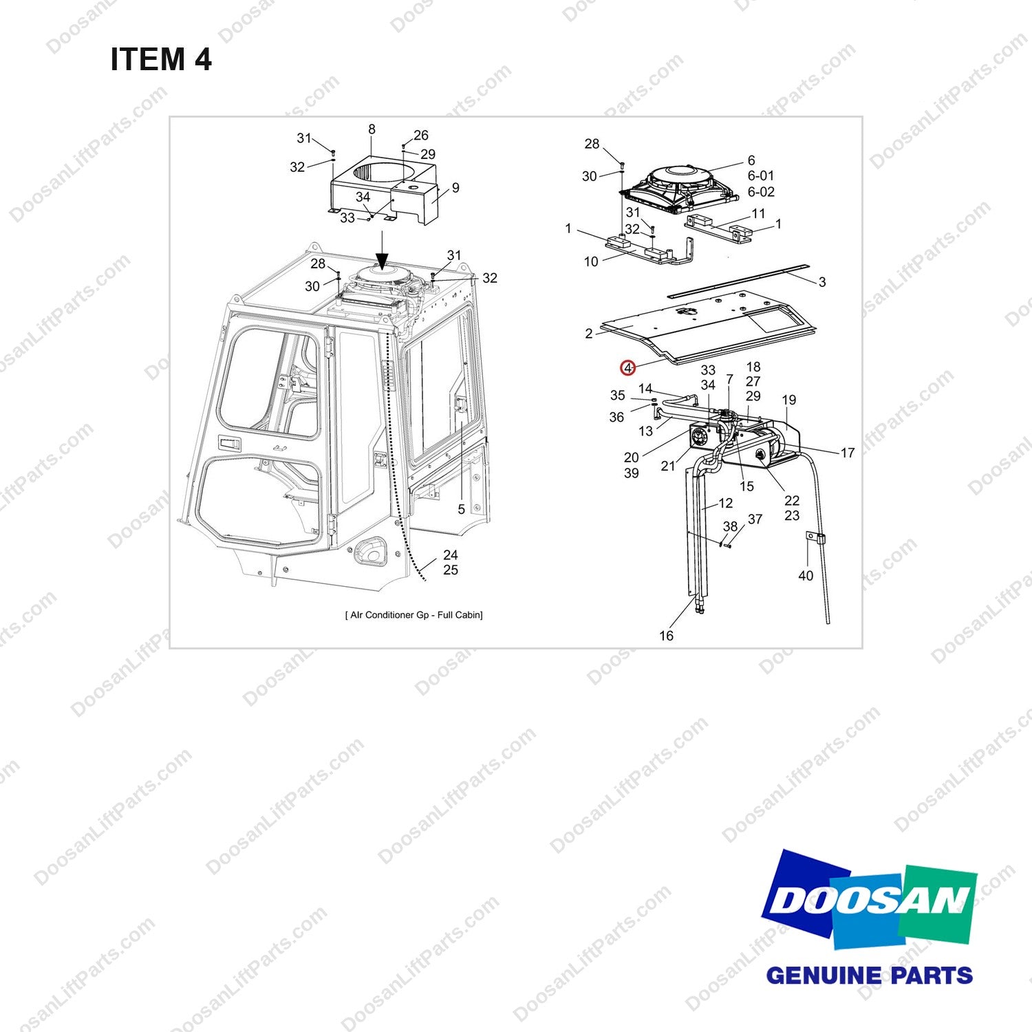 180102-00126 Changeover AR. Air Conditioner Gp - Top Condenser - full parts diagram, item 4 marked - genuine Doosan / Bobcat forklift part