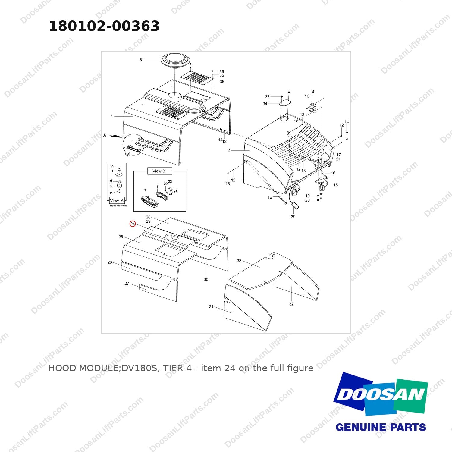 180102-00363 HOOD MODULE;DV180S, TIER-4 - full parts diagram, item 24 marked - genuine Doosan / Bobcat forklift part