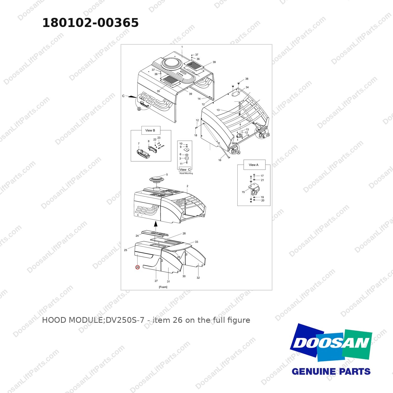 180102-00365 HOOD MODULE;DV250S-7 - full parts diagram, item 26 marked - genuine Doosan / Bobcat forklift part