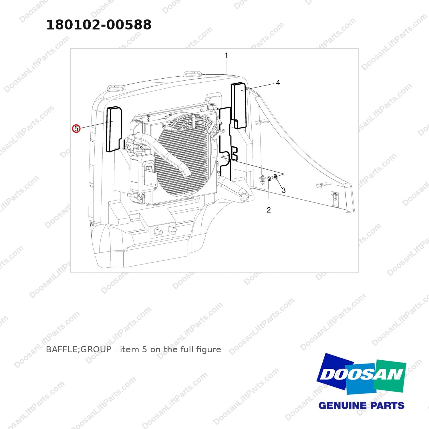 180102-00588 BAFFLE;GROUP - full parts diagram, item 5 marked - genuine Doosan / Bobcat forklift part