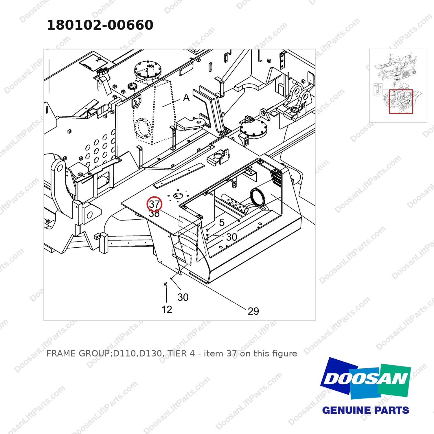 180102-00660 FRAME GROUP;D110,D130, TIER 4 - parts diagram, item 37 shown - genuine Doosan / Bobcat forklift part