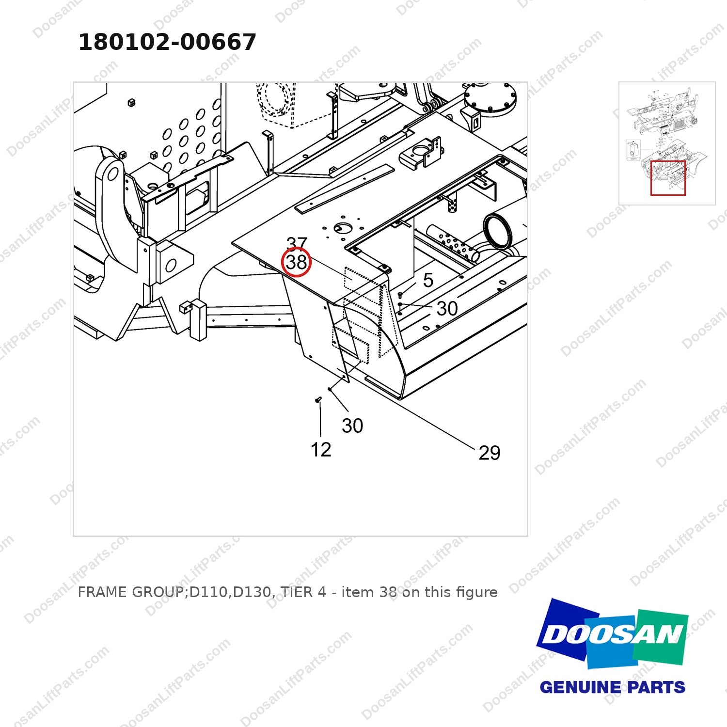 180102-00667 FRAME GROUP;D110,D130, TIER 4 - parts diagram, item 38 shown - genuine Doosan / Bobcat forklift part