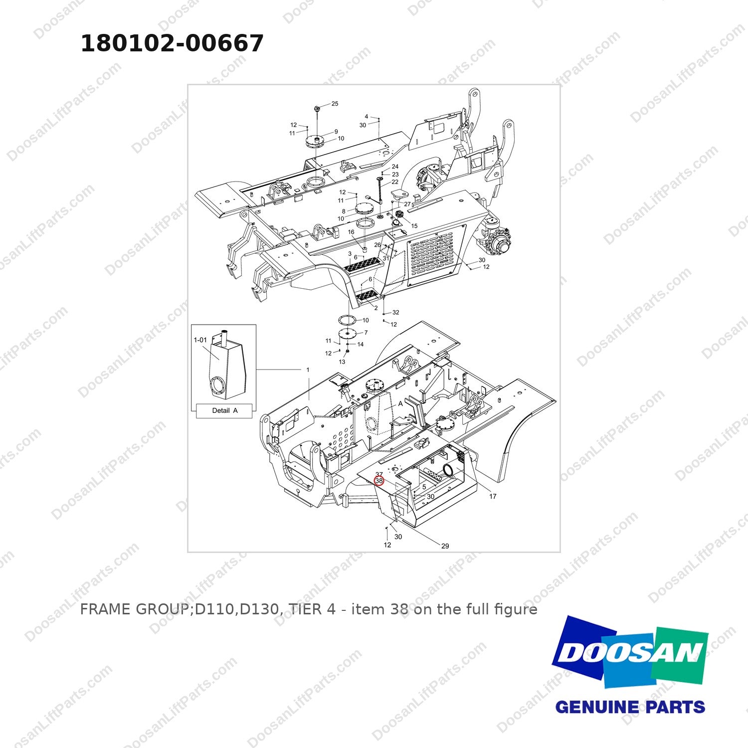 180102-00667 FRAME GROUP;D110,D130, TIER 4 - full parts diagram, item 38 marked - genuine Doosan / Bobcat forklift part