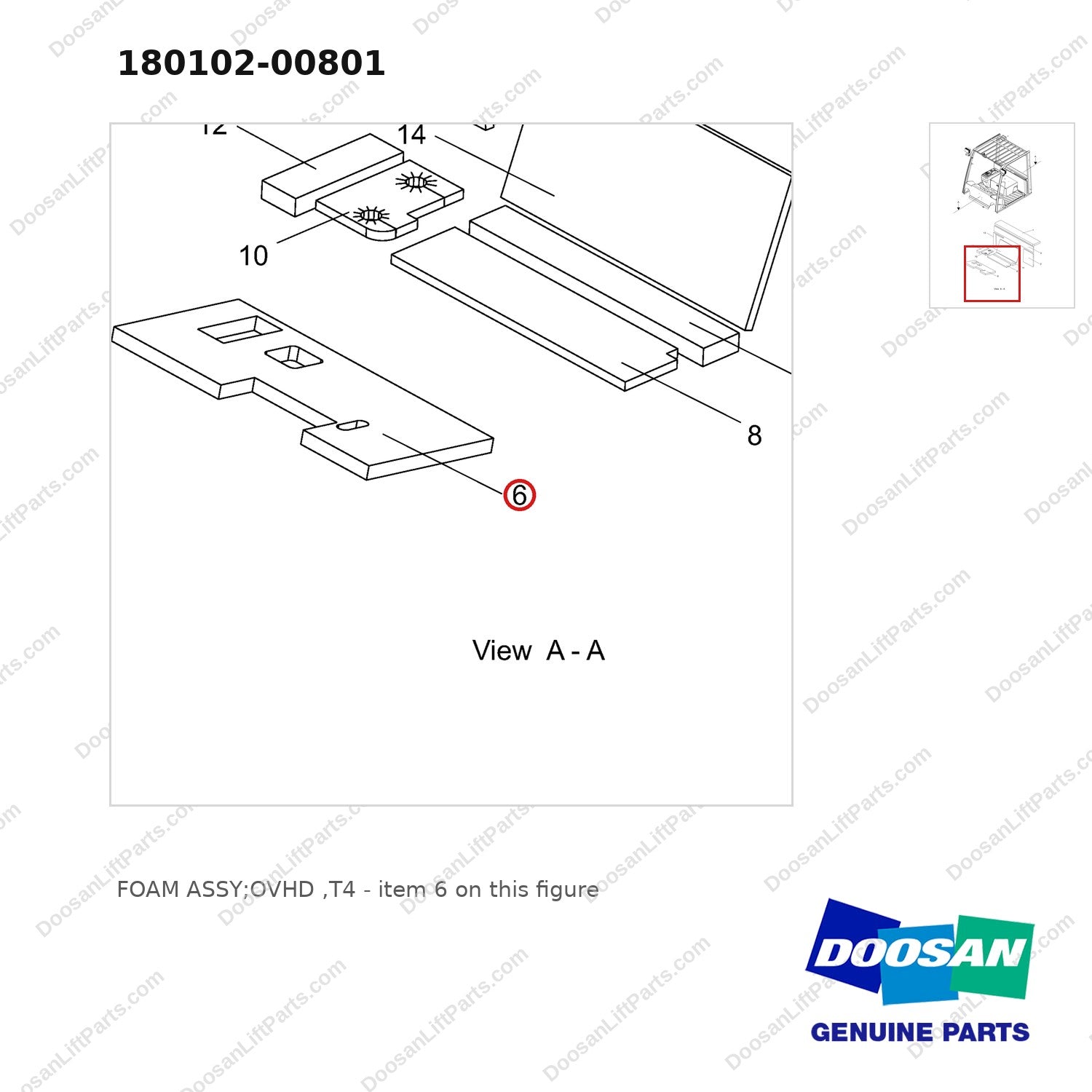 180102-00801 FOAM ASSY;OVHD ,T4 - parts diagram, item 6 shown - genuine Doosan / Bobcat forklift part