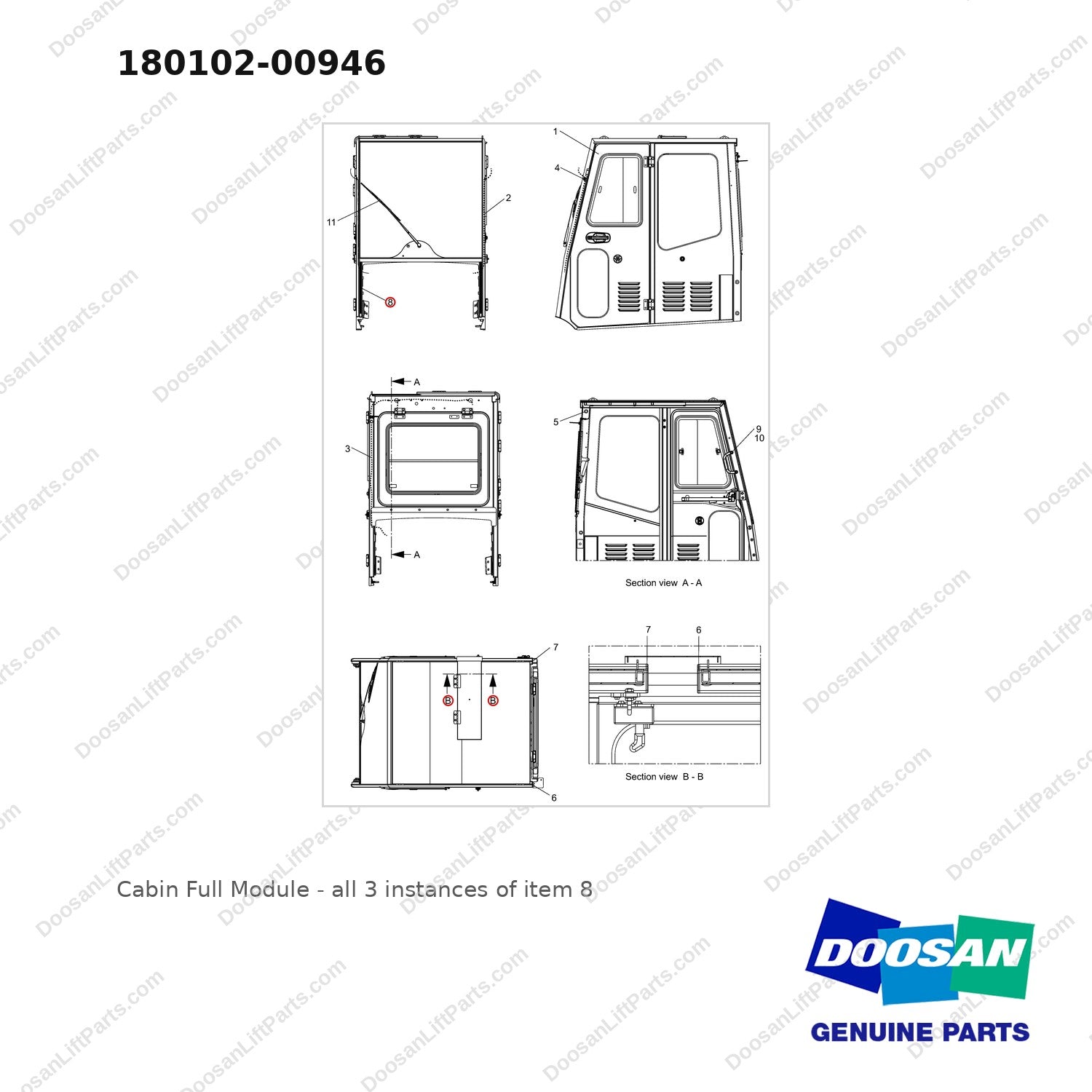 180102-00946 Cabin  Full Module - full parts diagram, item 8 marked - genuine Doosan / Bobcat forklift part