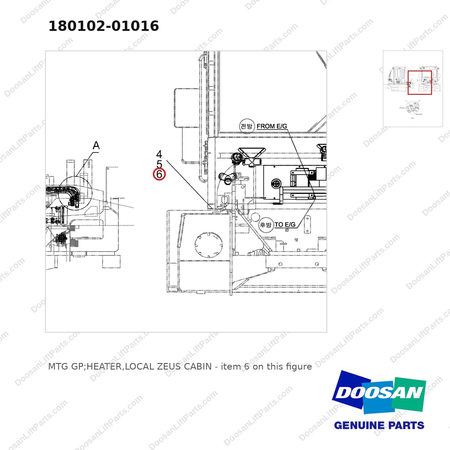 180102-01016 MTG GP;HEATER,LOCAL ZEUS CABIN - parts diagram, item 6 shown - genuine Doosan / Bobcat forklift part