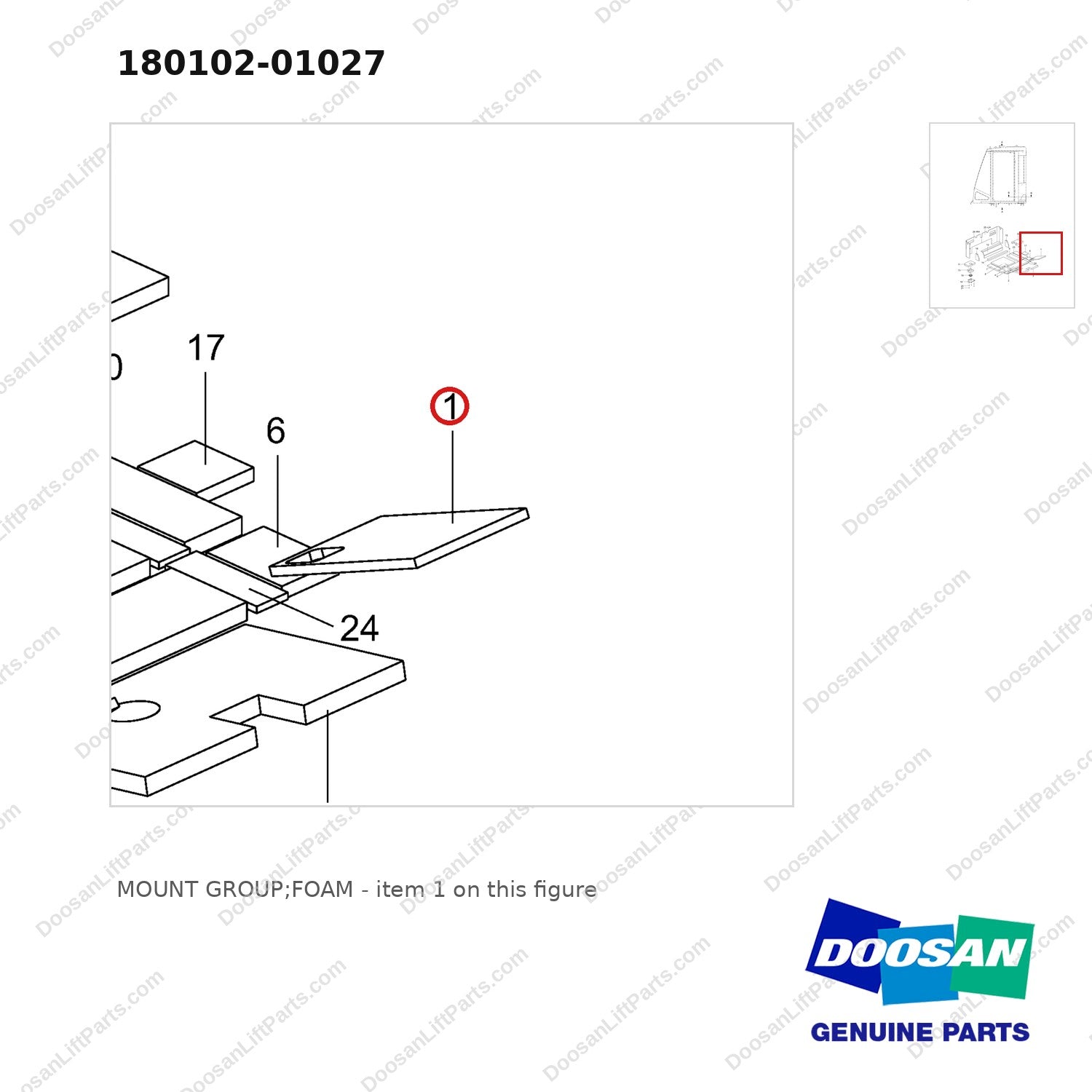180102-01027 MOUNT GROUP;FOAM - parts diagram, item 1 shown - genuine Doosan / Bobcat forklift part