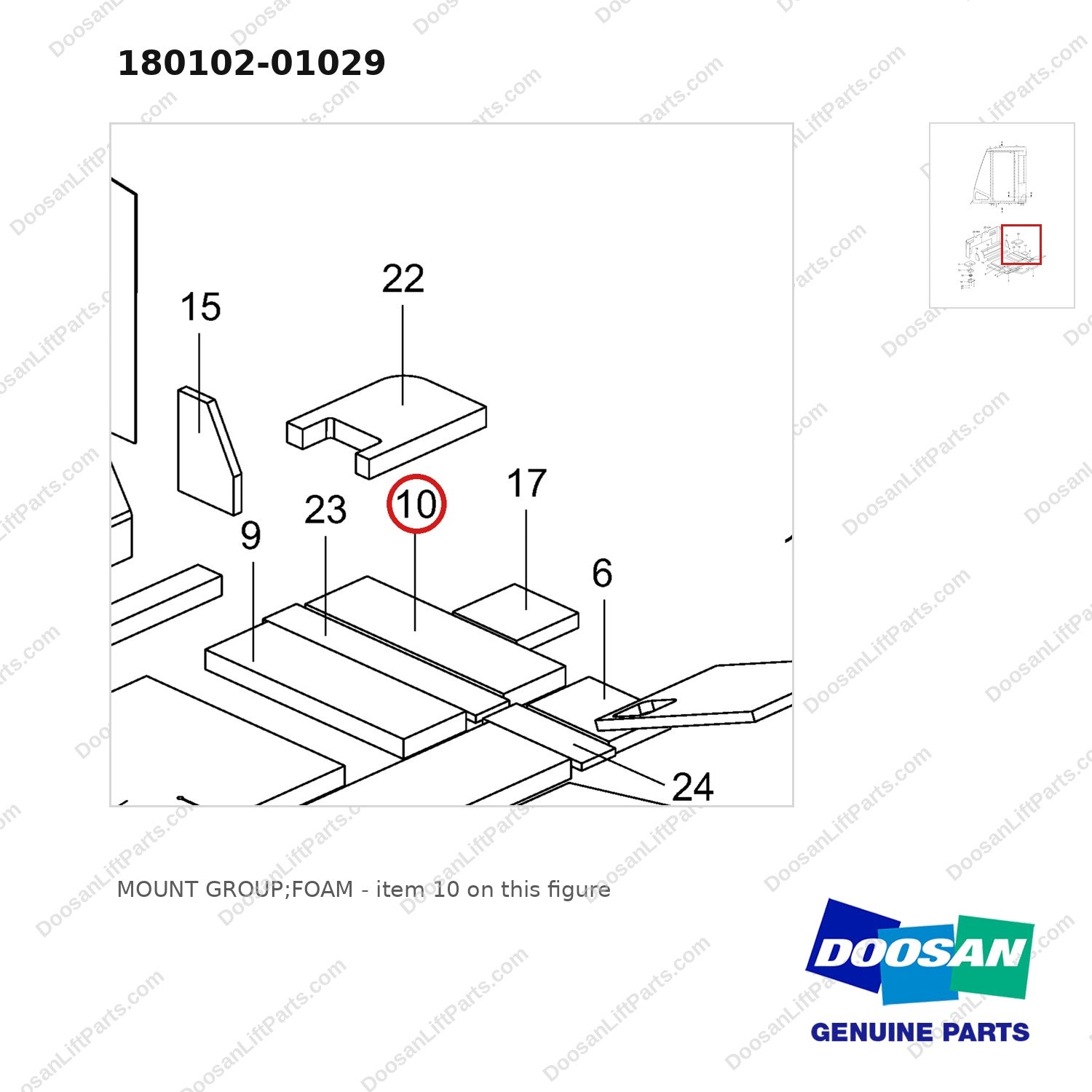 180102-01029 MOUNT GROUP;FOAM - parts diagram, item 10 shown - genuine Doosan / Bobcat forklift part