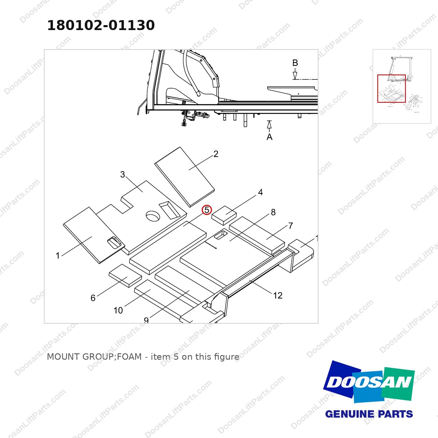 180102-01130 MOUNT GROUP;FOAM - parts diagram, item 5 shown - genuine Doosan / Bobcat forklift part