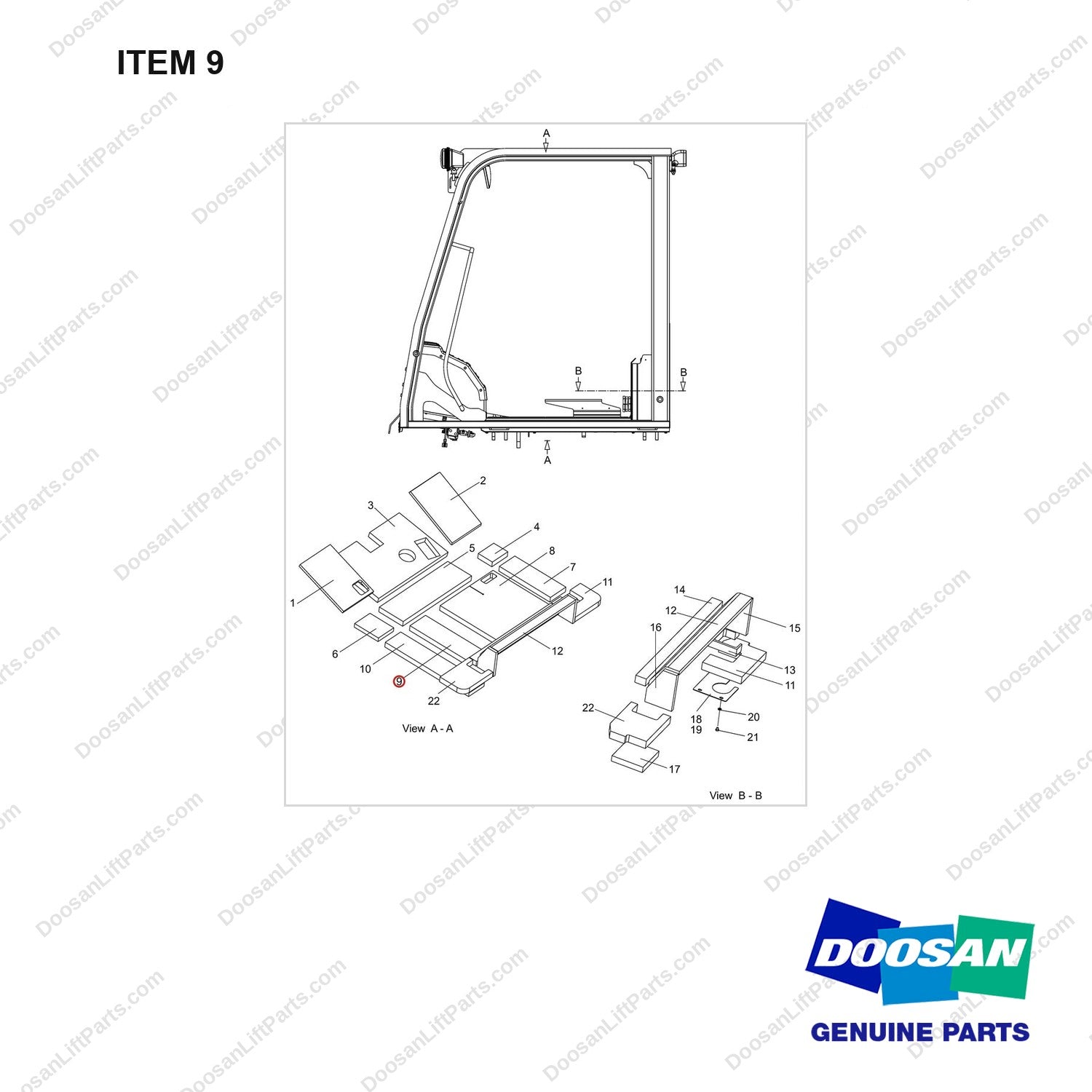 180102-01131 MOUNT GROUP;FOAM - full parts diagram, item 9 marked - genuine Doosan / Bobcat forklift part