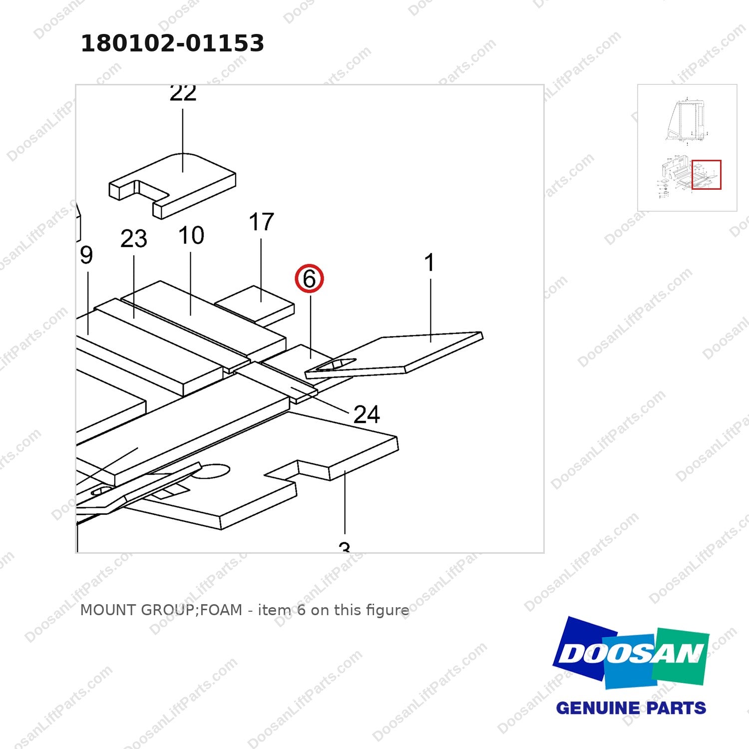 180102-01153 MOUNT GROUP;FOAM - parts diagram, item 6 shown - genuine Doosan / Bobcat forklift part