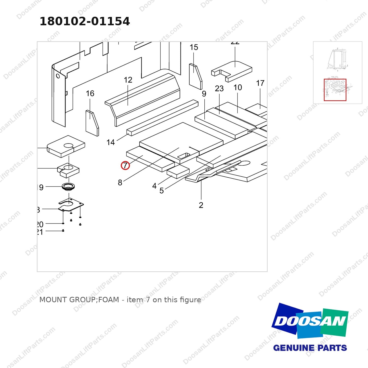 180102-01154 MOUNT GROUP;FOAM - parts diagram, item 7 shown - genuine Doosan / Bobcat forklift part