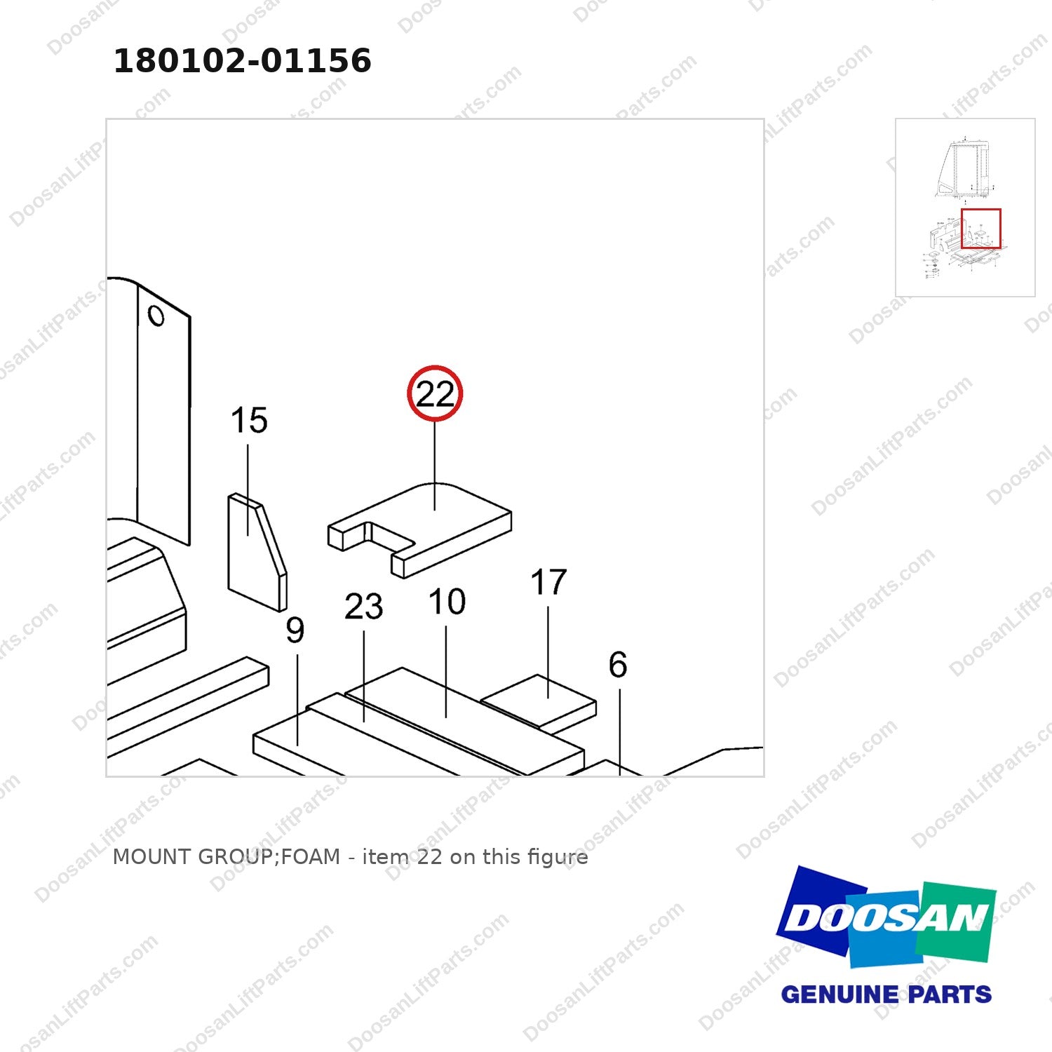 180102-01156 MOUNT GROUP;FOAM - parts diagram, item 22 shown - genuine Doosan / Bobcat forklift part