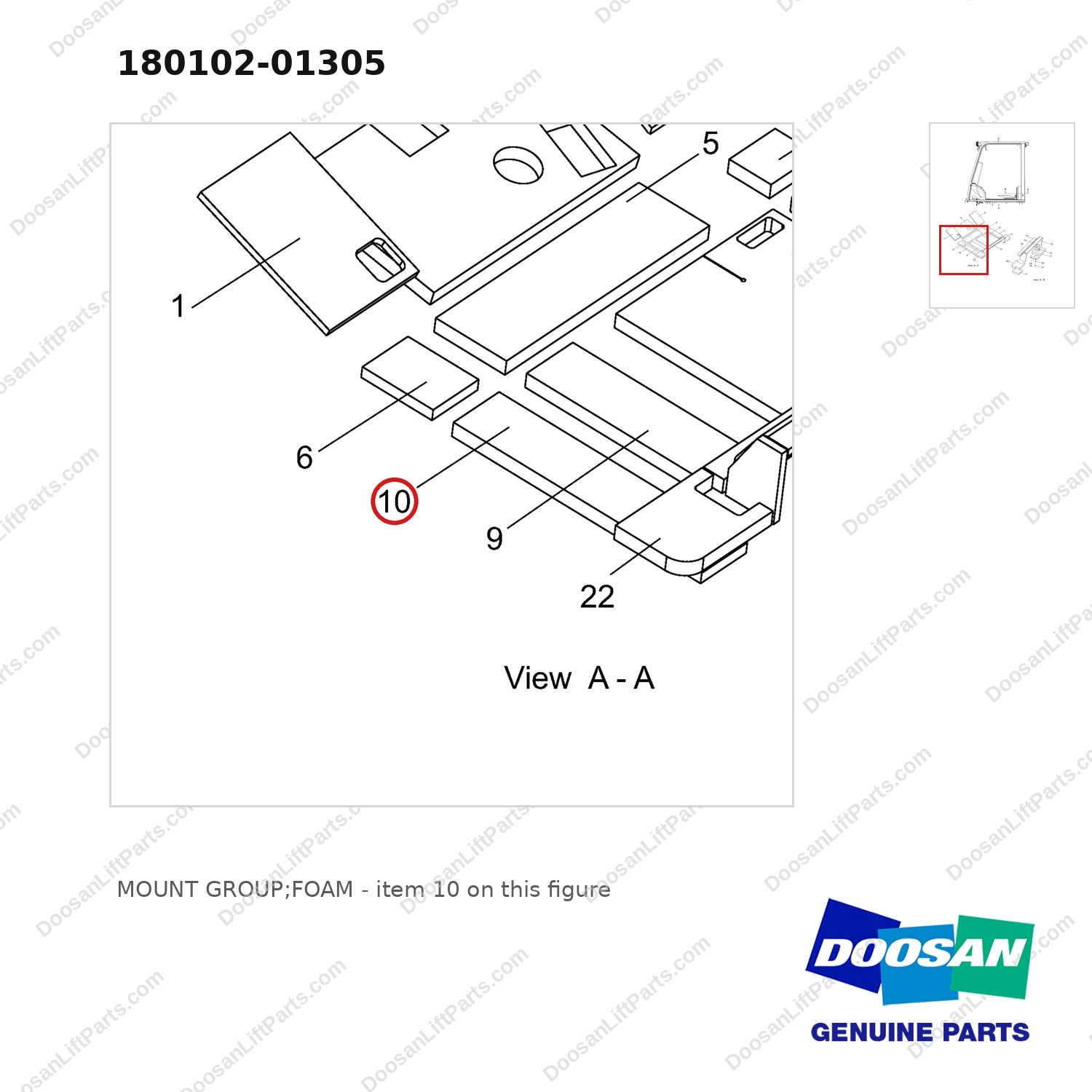 180102-01305 MOUNT GROUP;FOAM - parts diagram, item 10 shown - genuine Doosan / Bobcat forklift part