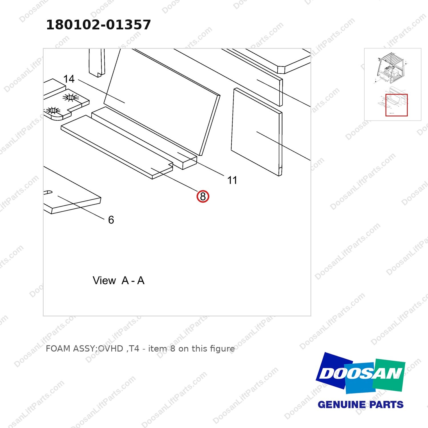 180102-01357 FOAM ASSY;OVHD ,T4 - parts diagram, item 8 shown - genuine Doosan / Bobcat forklift part