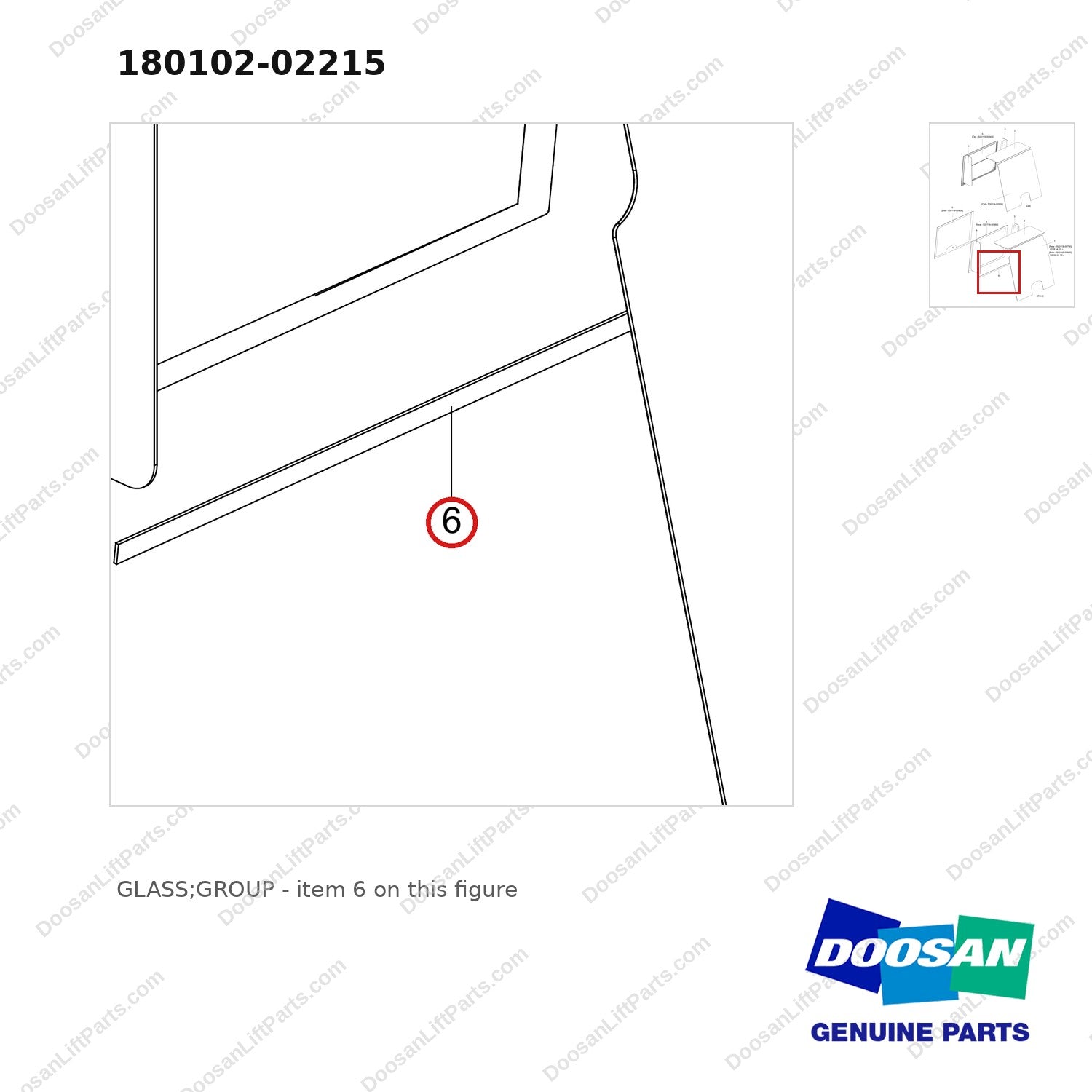 180102-02215 GLASS;GROUP - parts diagram, item 6 shown - genuine Doosan / Bobcat forklift part