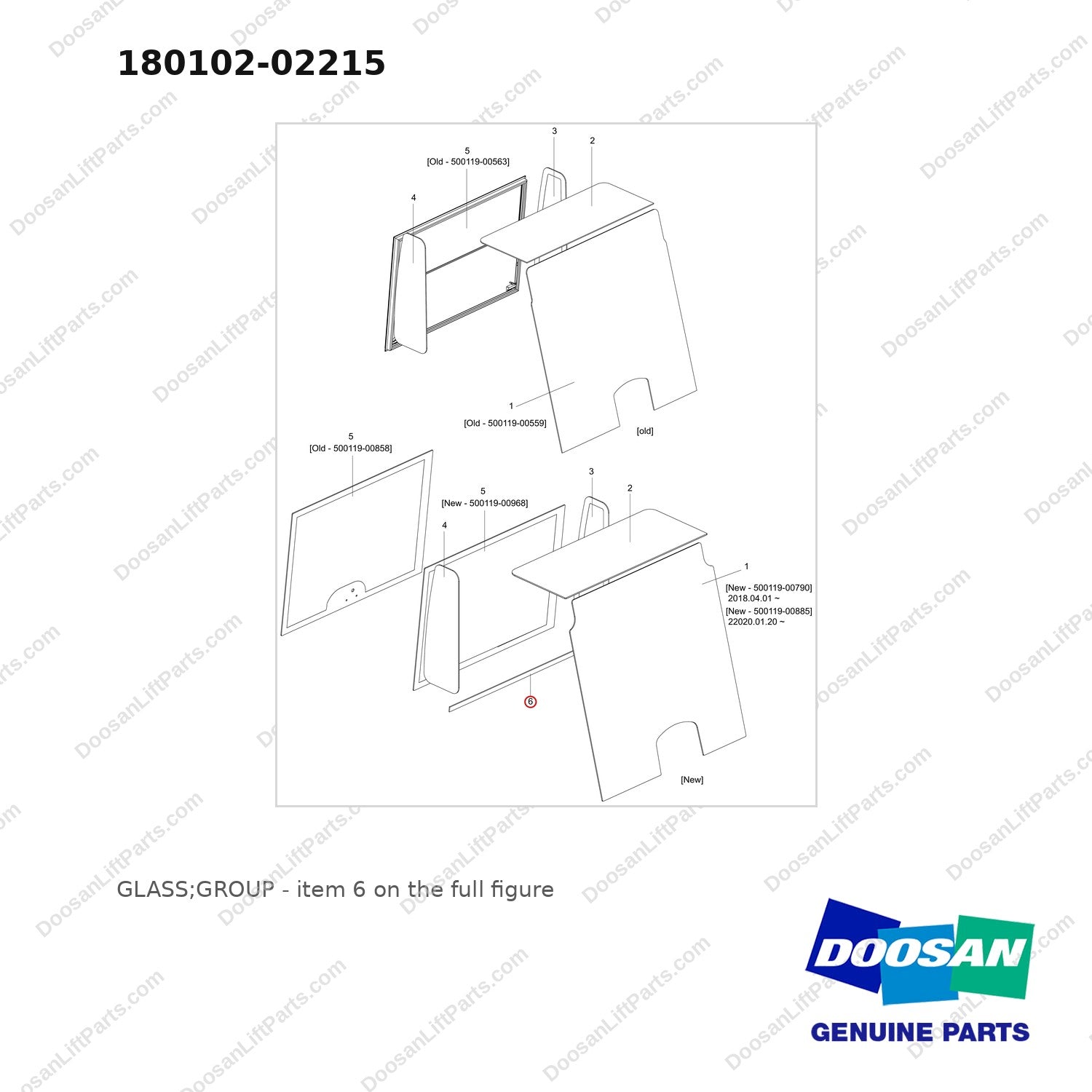 180102-02215 GLASS;GROUP - full parts diagram, item 6 marked - genuine Doosan / Bobcat forklift part