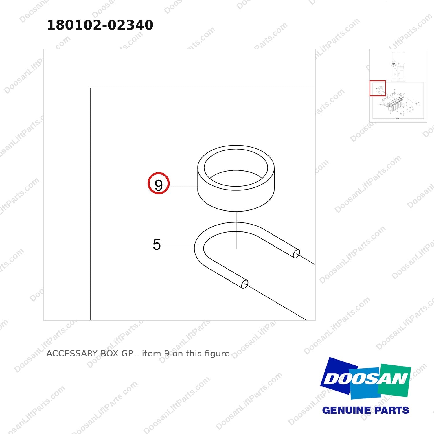 180102-02340 ACCESSARY BOX GP - parts diagram, item 9 shown - genuine Doosan / Bobcat forklift part