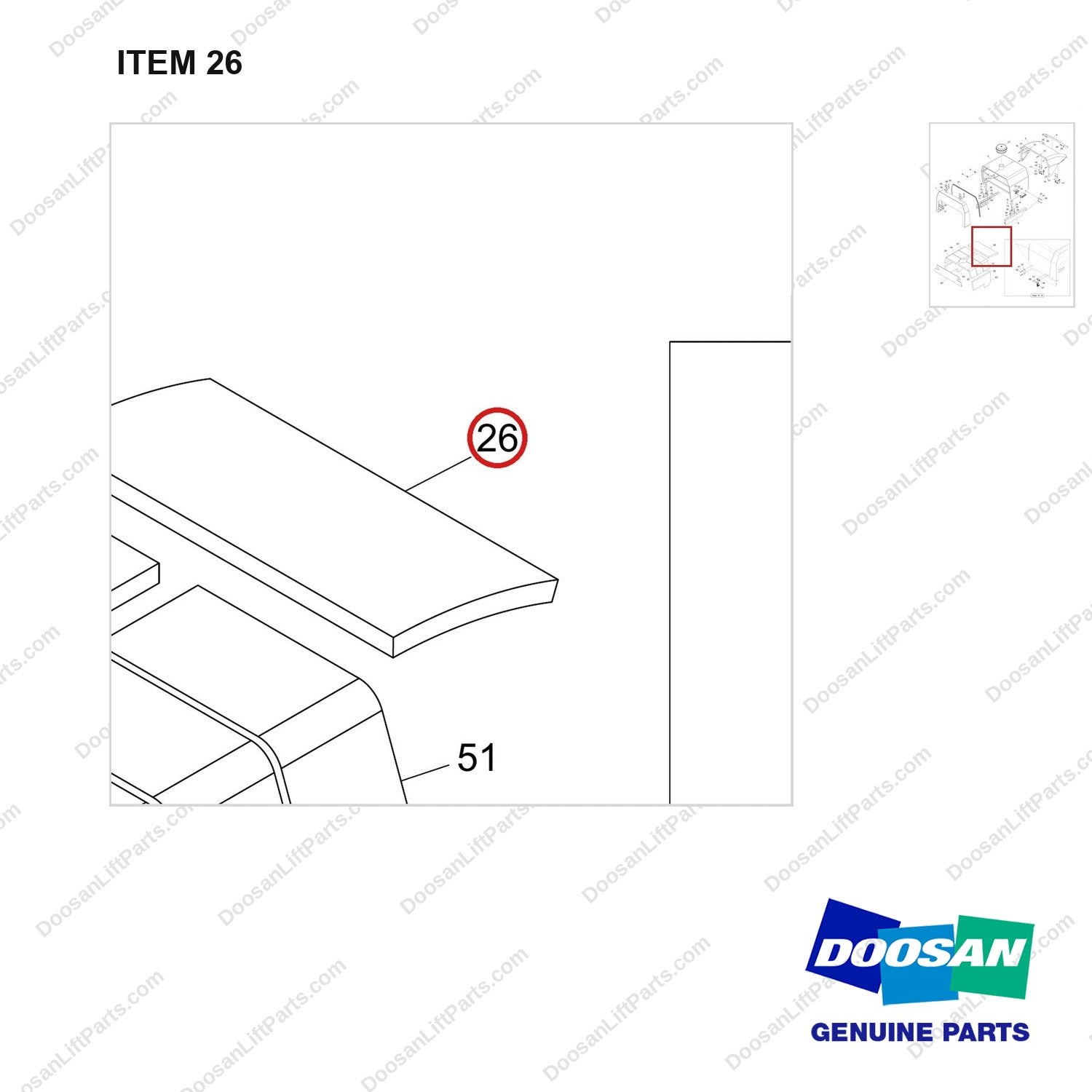 180102-02565 HOOD ASSY;D100/120S-9 - parts diagram, item 26 shown - genuine Doosan / Bobcat forklift part
