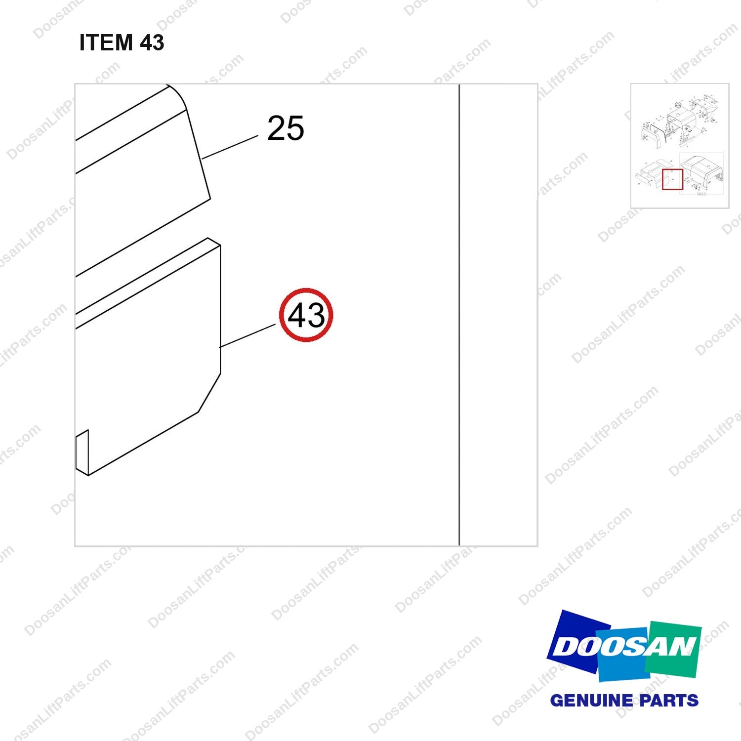 180102-02665 HOOD ASSY;D140/160S-9 - parts diagram, item 43 shown - genuine Doosan / Bobcat forklift part