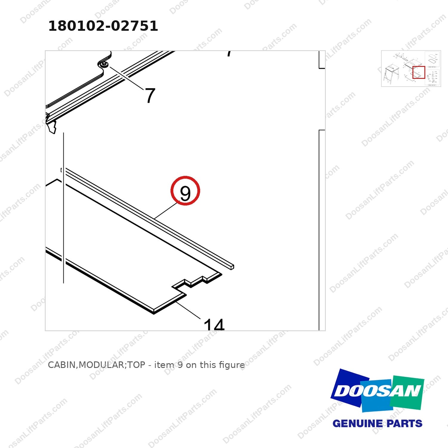 180102-02751 CABIN,MODULAR;TOP - parts diagram, item 9 shown - genuine Doosan / Bobcat forklift part