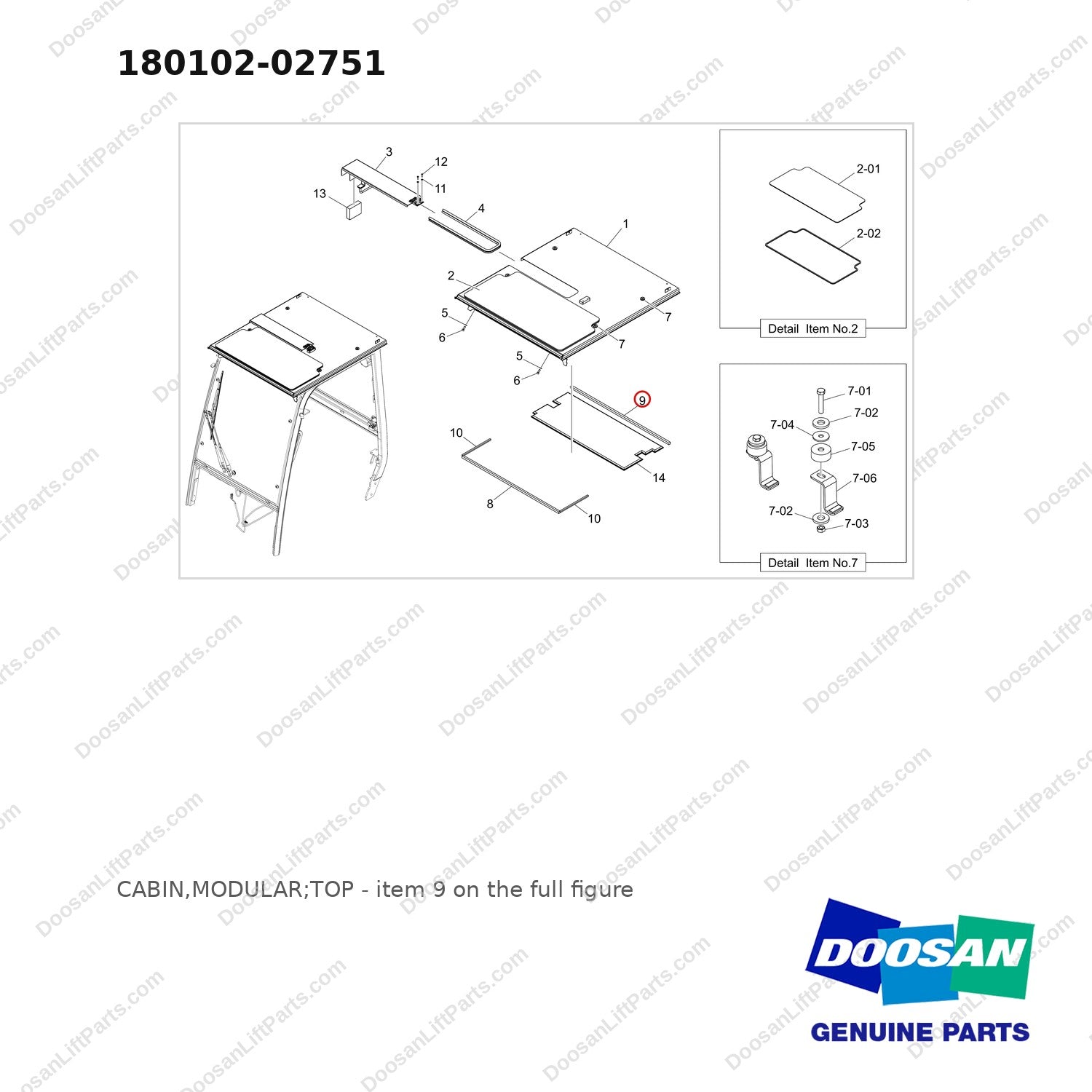 180102-02751 CABIN,MODULAR;TOP - full parts diagram, item 9 marked - genuine Doosan / Bobcat forklift part