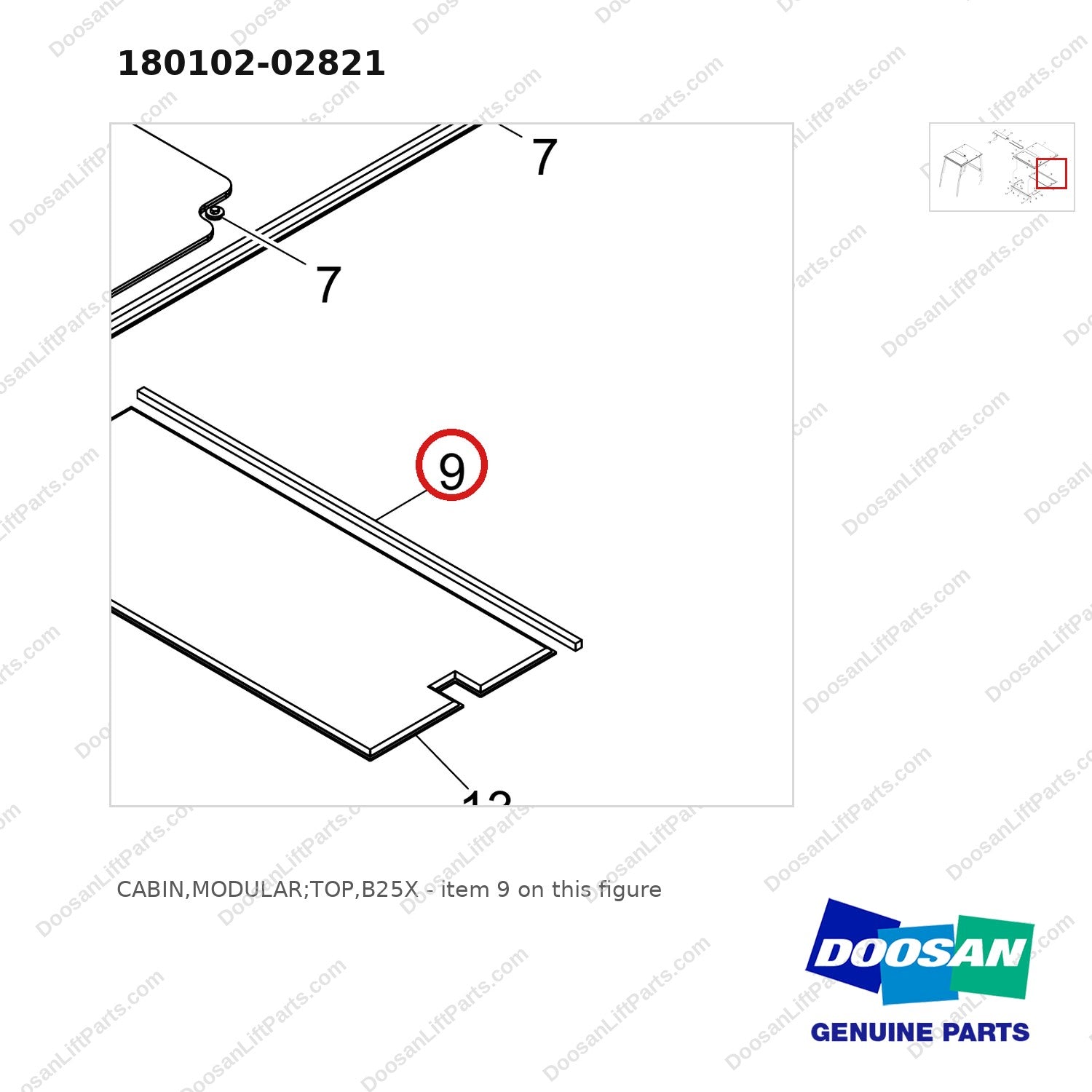 180102-02821 CABIN,MODULAR;TOP,B25X - parts diagram, item 9 shown - genuine Doosan / Bobcat forklift part
