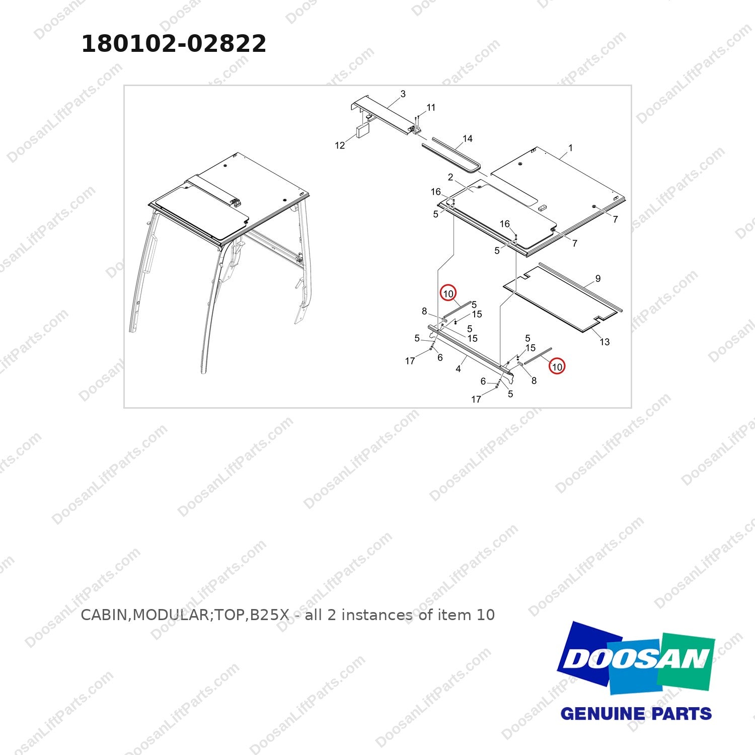 180102-02822 CABIN,MODULAR;TOP,B25X - full parts diagram, item 10 marked - genuine Doosan / Bobcat forklift part